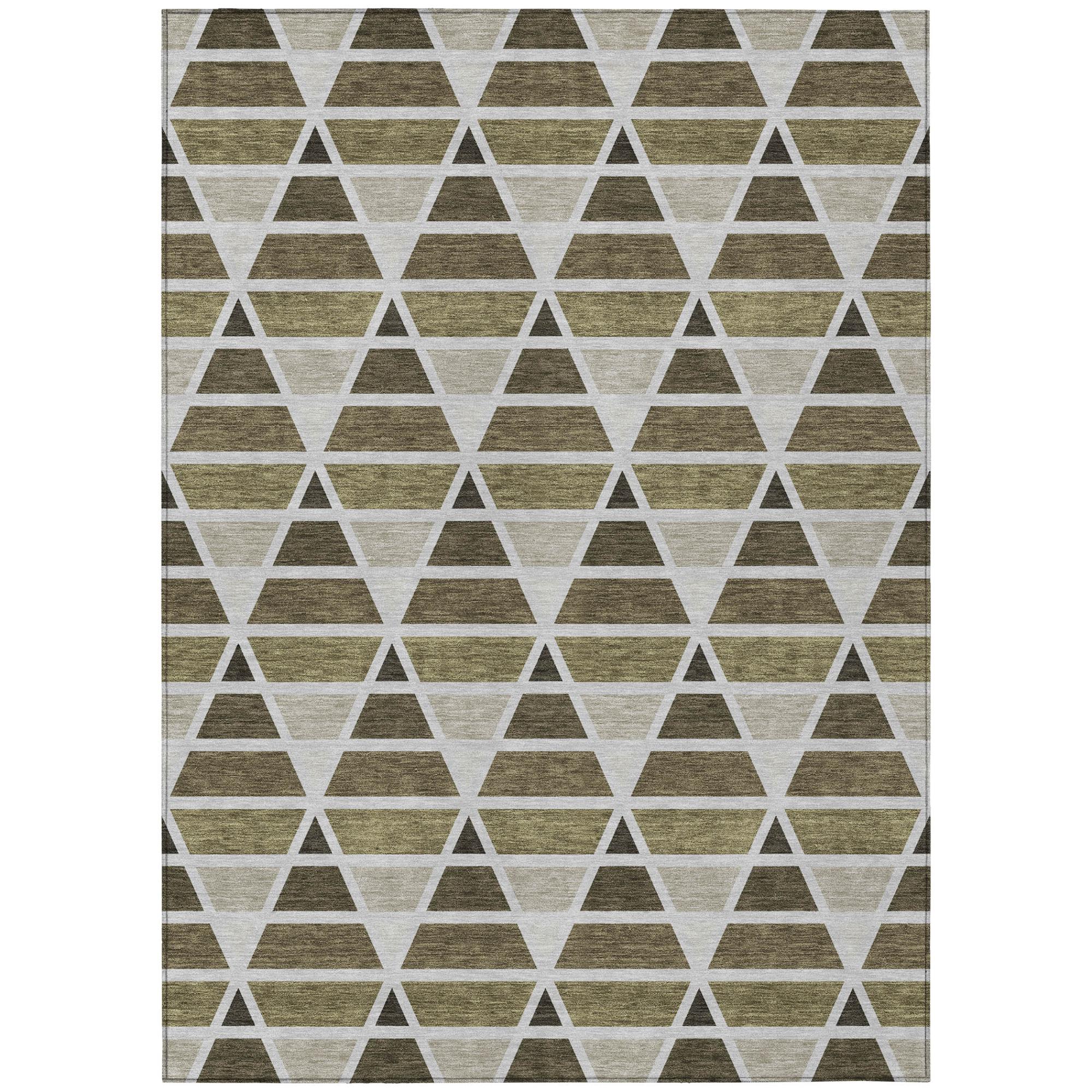 Modern geometric area rug featuring a triangle pattern in shades of gray, beige, and olive green. Durable synthetic material.