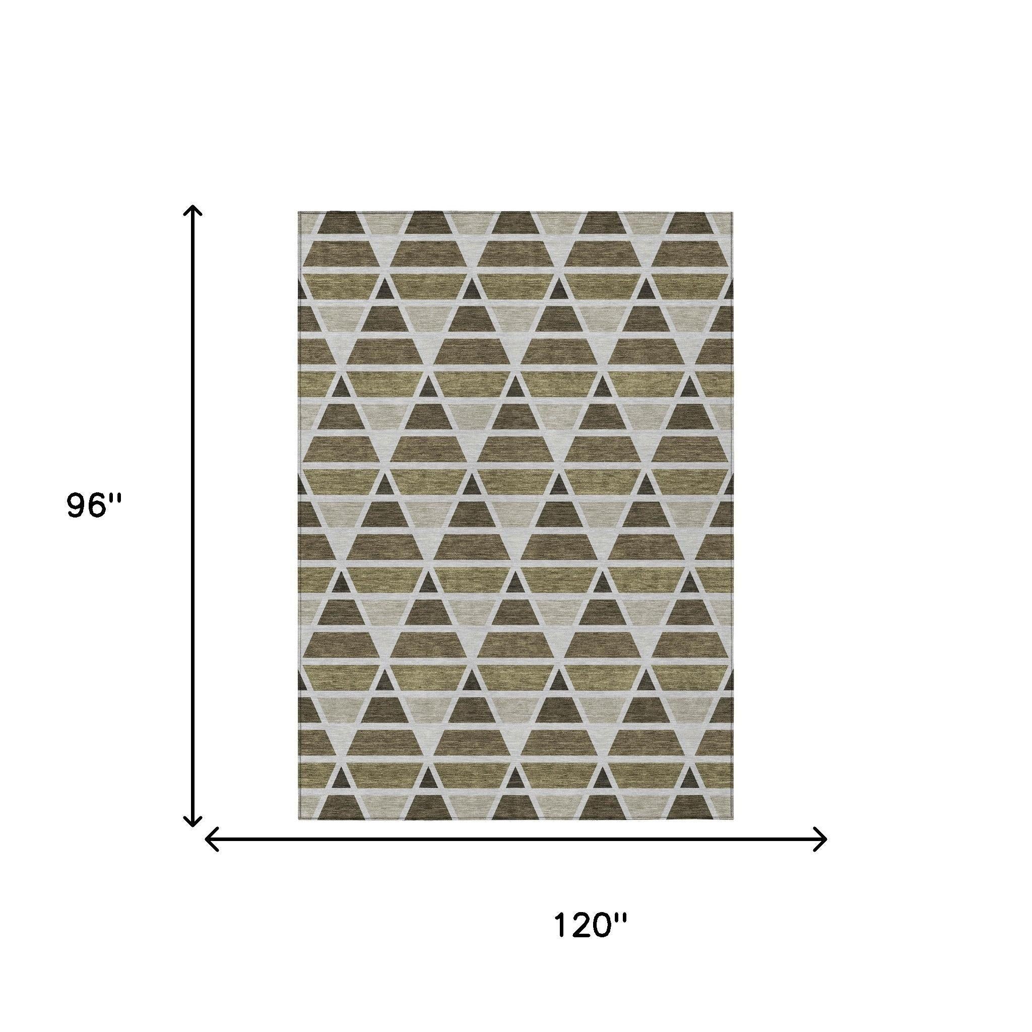 Geometric triangle area rug in earthy tones of brown and beige, 96"x120", ideal for modern home decor.
