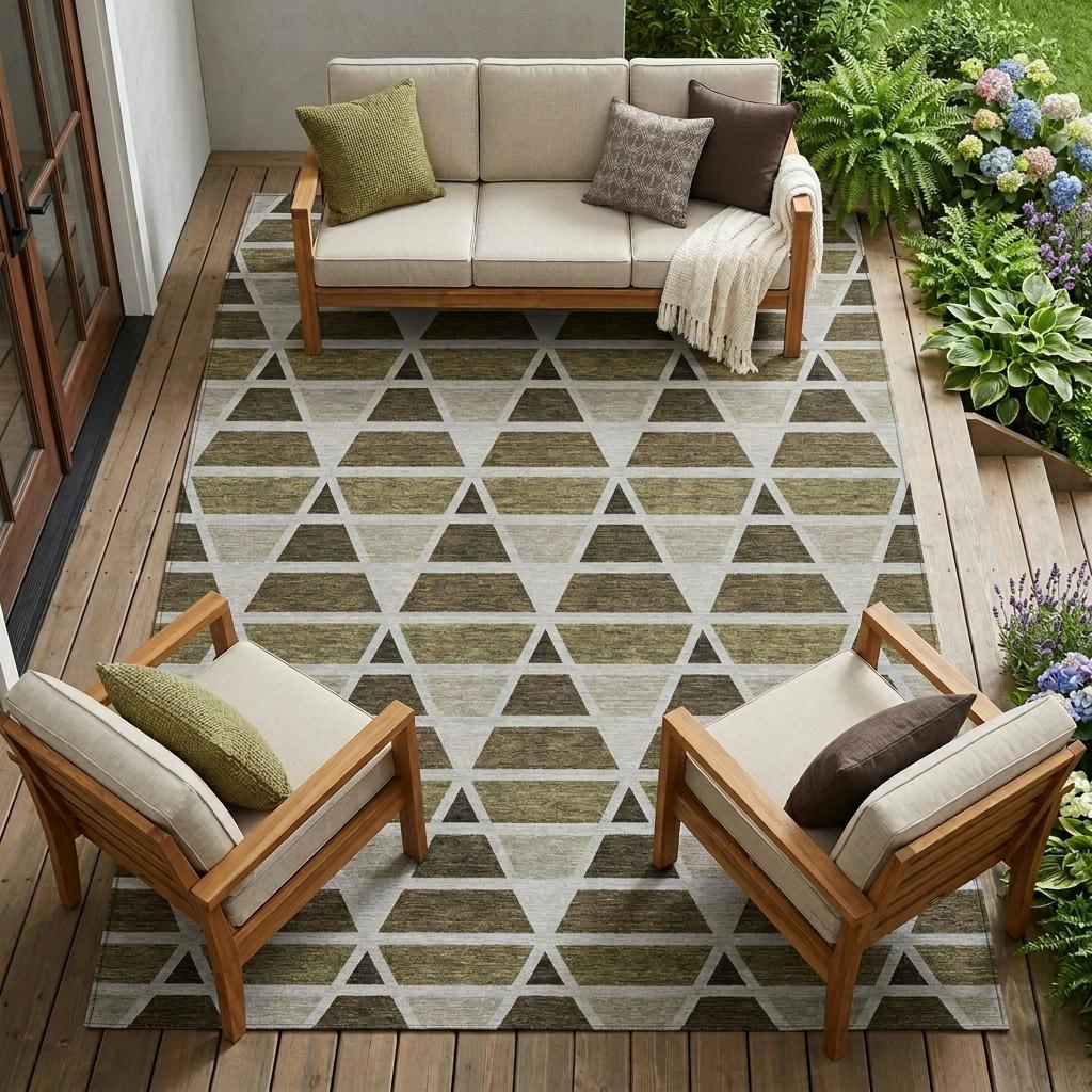 Beige and green geometric outdoor rug with triangles, enhancing a cozy patio seating arrangement with wooden furniture.
