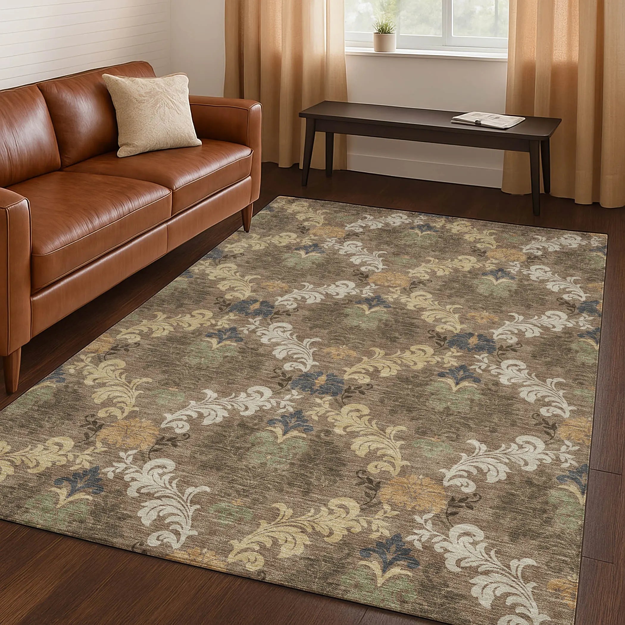 8' X 10' Brown And Taupe Damask Washable Indoor Outdoor Area Rug Homeroots Outdoor