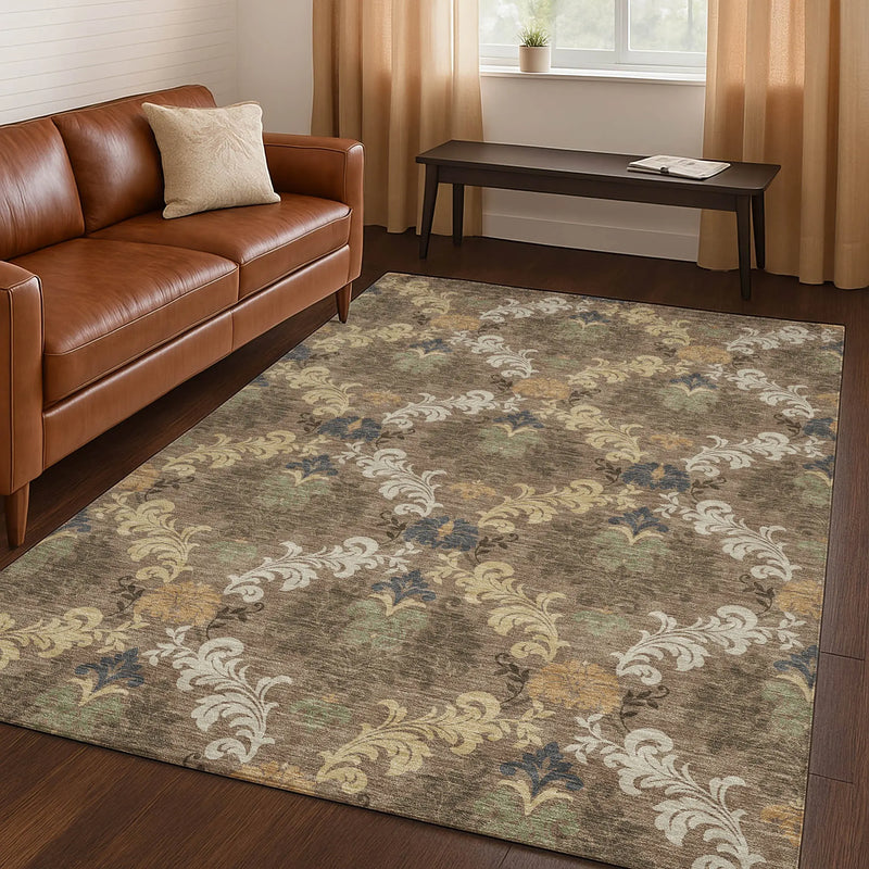 8' X 10' Brown And Taupe Damask Washable Indoor Outdoor Area Rug Homeroots Outdoor