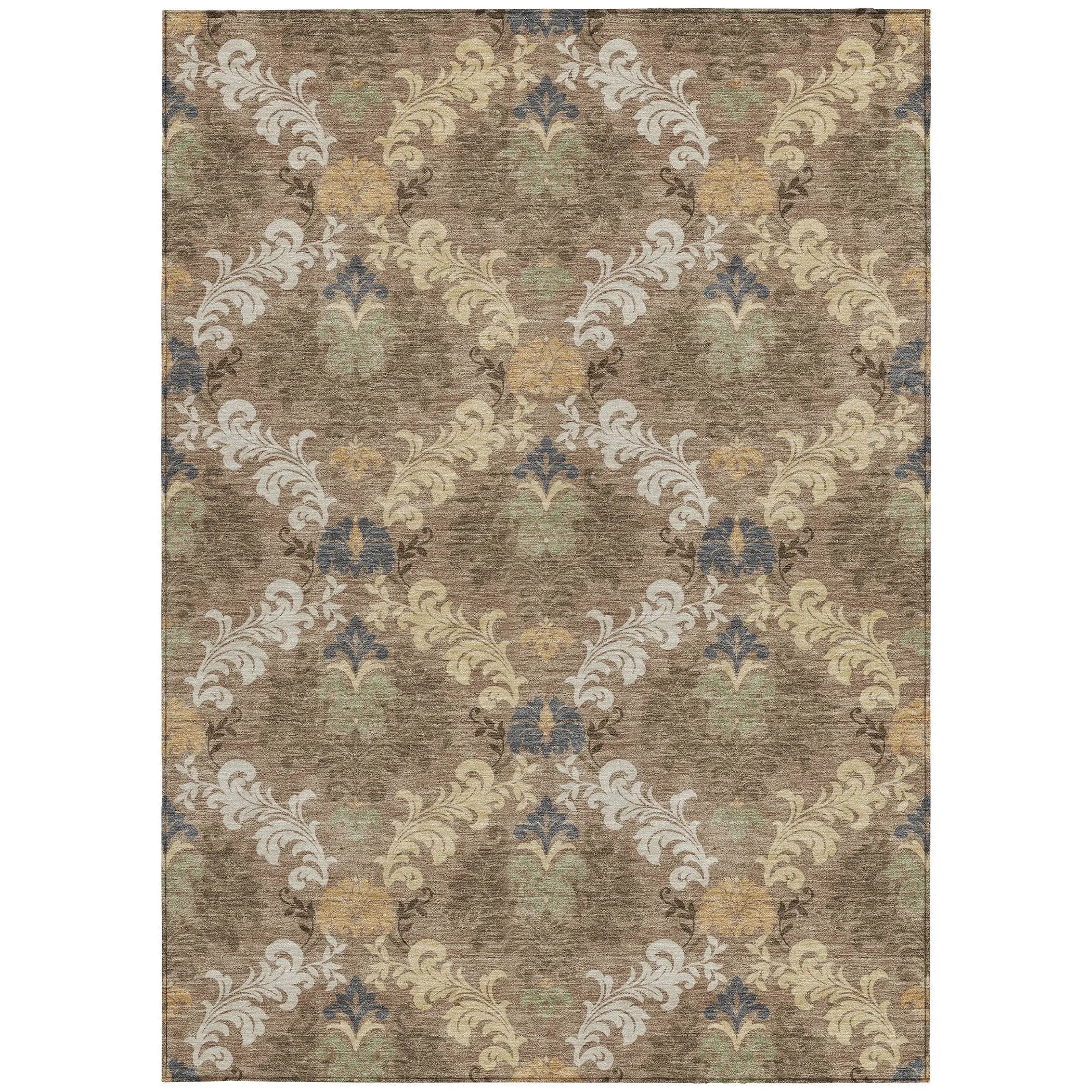 8' X 10' Brown And Taupe Damask Washable Indoor Outdoor Area Rug Homeroots Outdoor