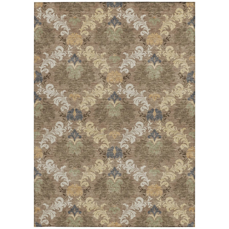 8' X 10' Brown And Taupe Damask Washable Indoor Outdoor Area Rug Homeroots Outdoor