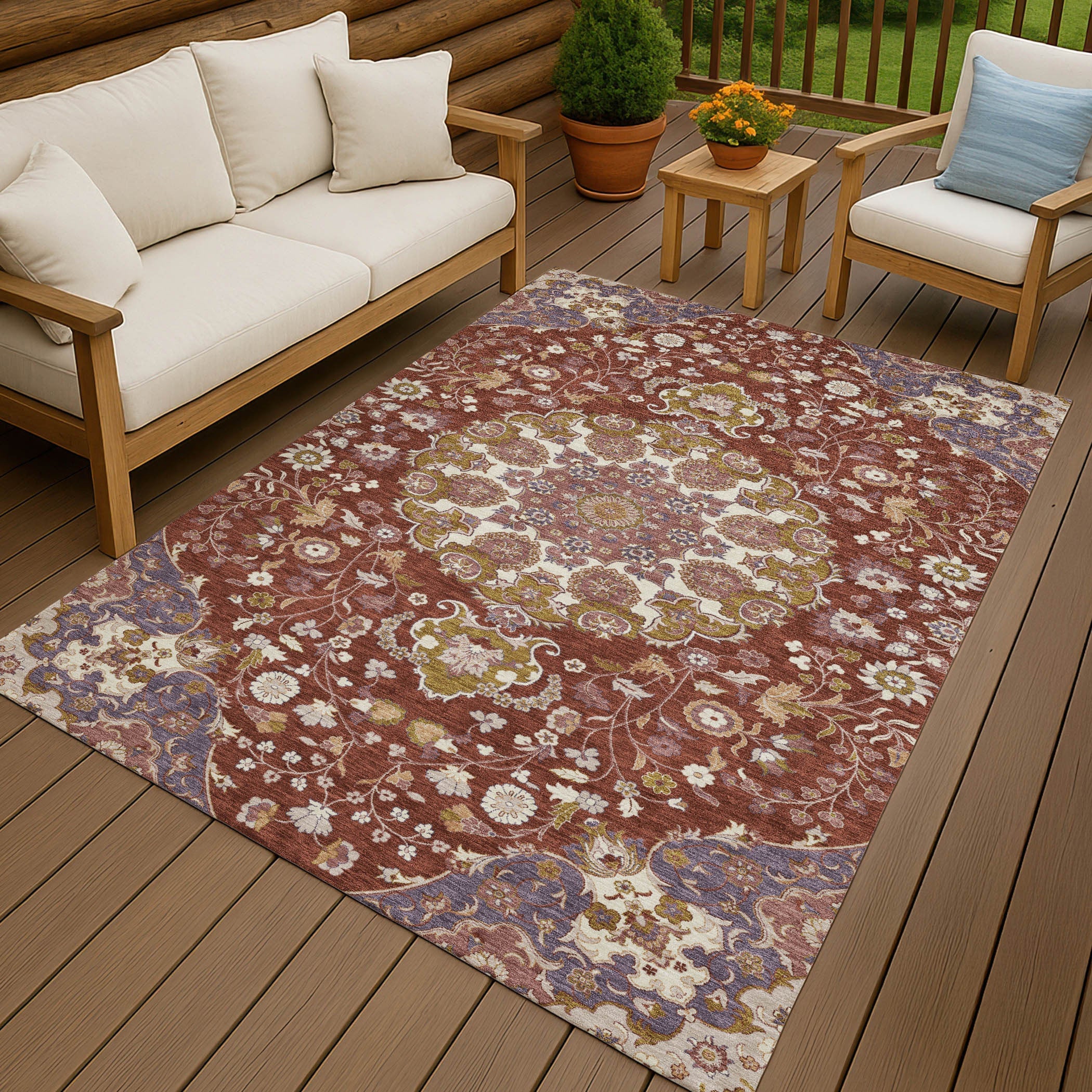 8' X 10' Burgundy And Red Damask Washable Indoor Outdoor Area Rug Homeroots Outdoor