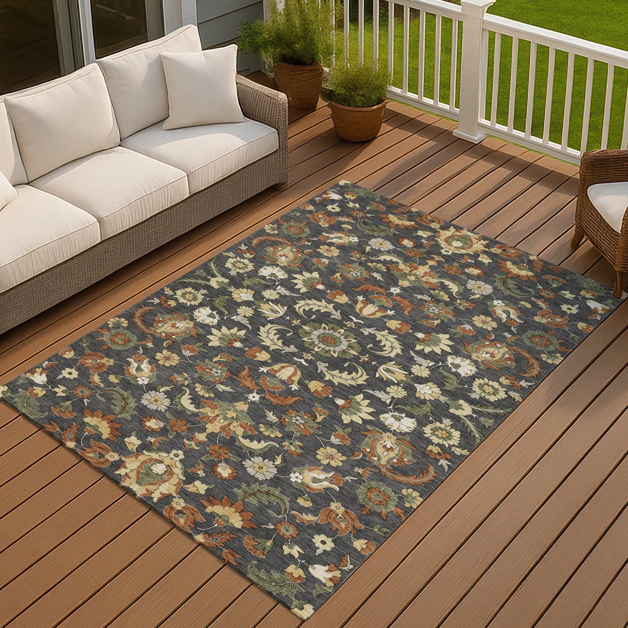 8' X 10' Charcoal And Black Floral Medallion Washable Indoor Outdoor Area Rug Homeroots Outdoor