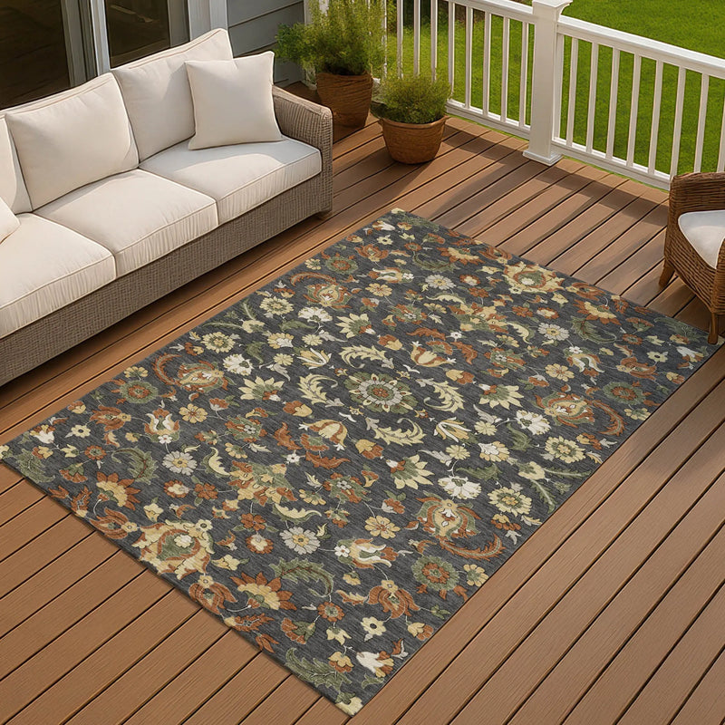8' X 10' Charcoal And Black Floral Medallion Washable Indoor Outdoor Area Rug Homeroots Outdoor