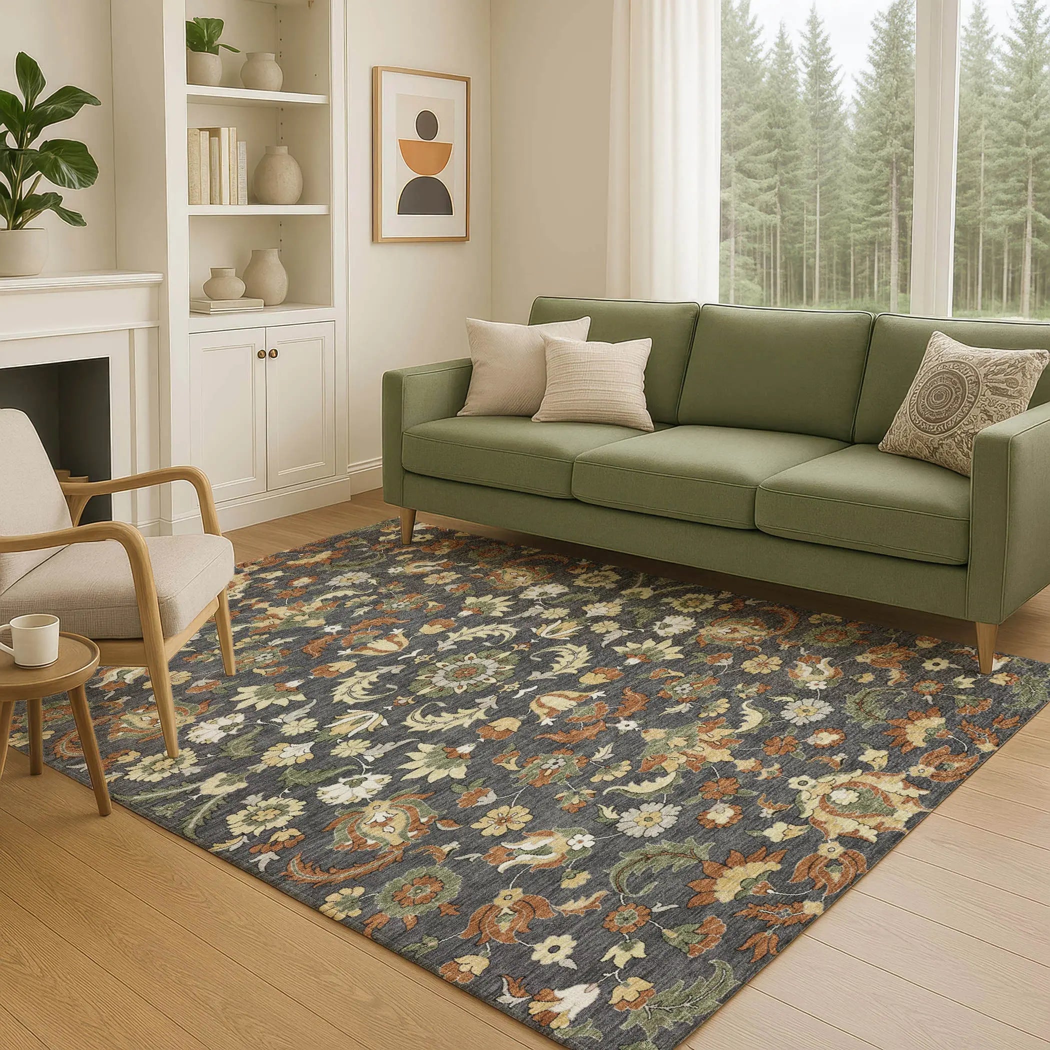 8' X 10' Charcoal And Black Floral Medallion Washable Indoor Outdoor Area Rug Homeroots Outdoor