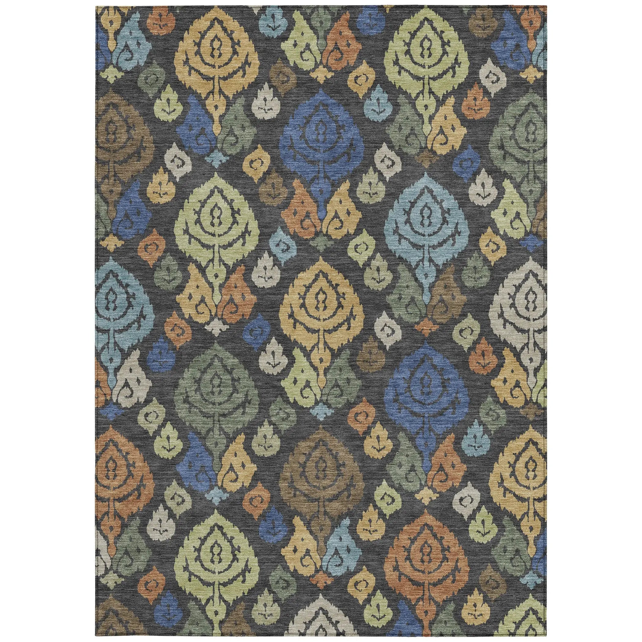 8' X 10' Charcoal And Green Damask Washable Indoor Outdoor Area Rug Homeroots Outdoor