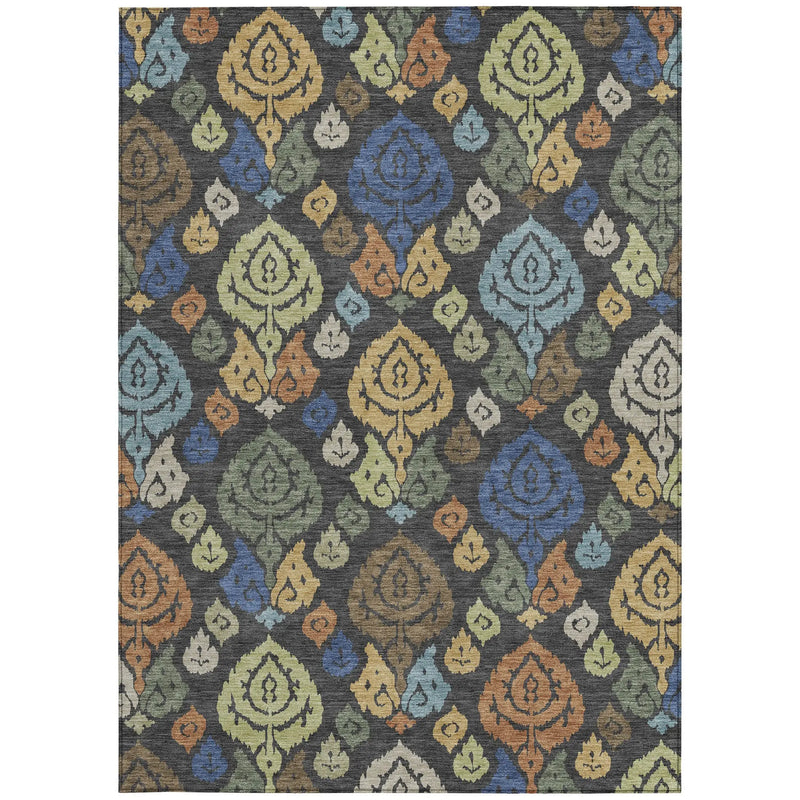 8' X 10' Charcoal And Green Damask Washable Indoor Outdoor Area Rug Homeroots Outdoor