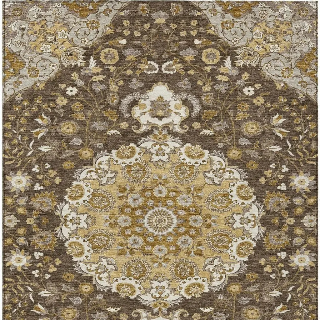 8' X 10' Chocolate And Brown Damask Washable Indoor Outdoor Area Rug Homeroots Outdoor