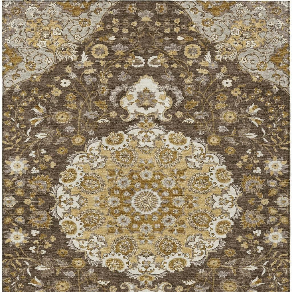 8' X 10' Chocolate And Brown Damask Washable Indoor Outdoor Area Rug Homeroots Outdoor