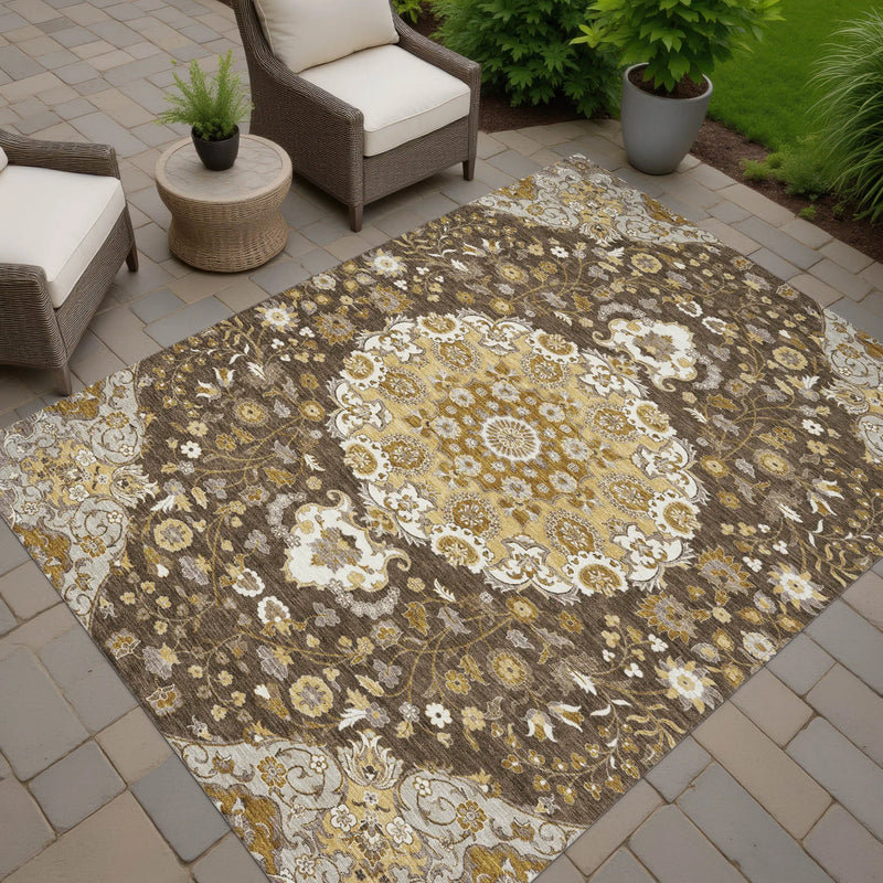 8' X 10' Chocolate And Brown Damask Washable Indoor Outdoor Area Rug Homeroots Outdoor