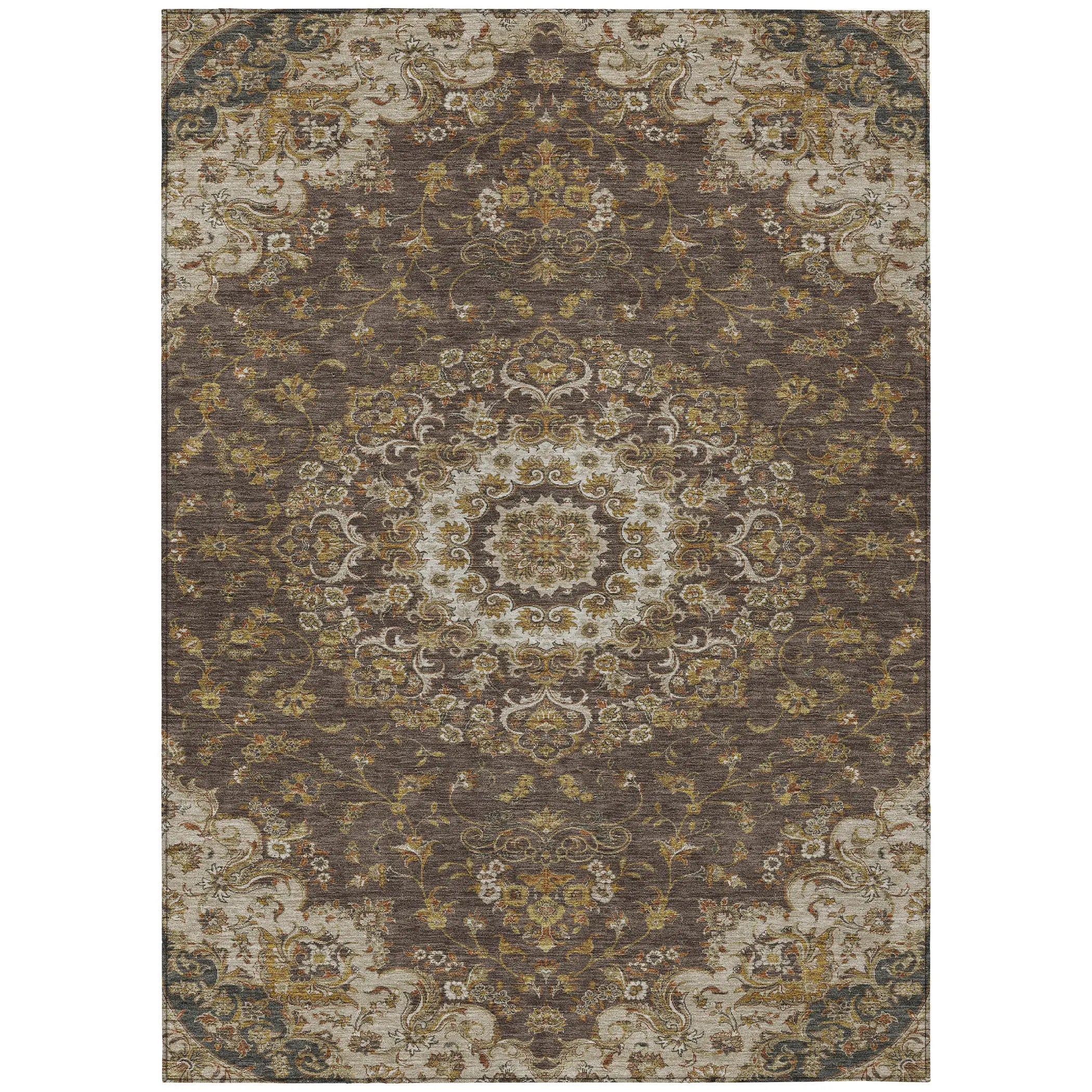 8' X 10' Chocolate And Brown Floral Medallion Washable Indoor Outdoor Area Rug Homeroots Outdoor