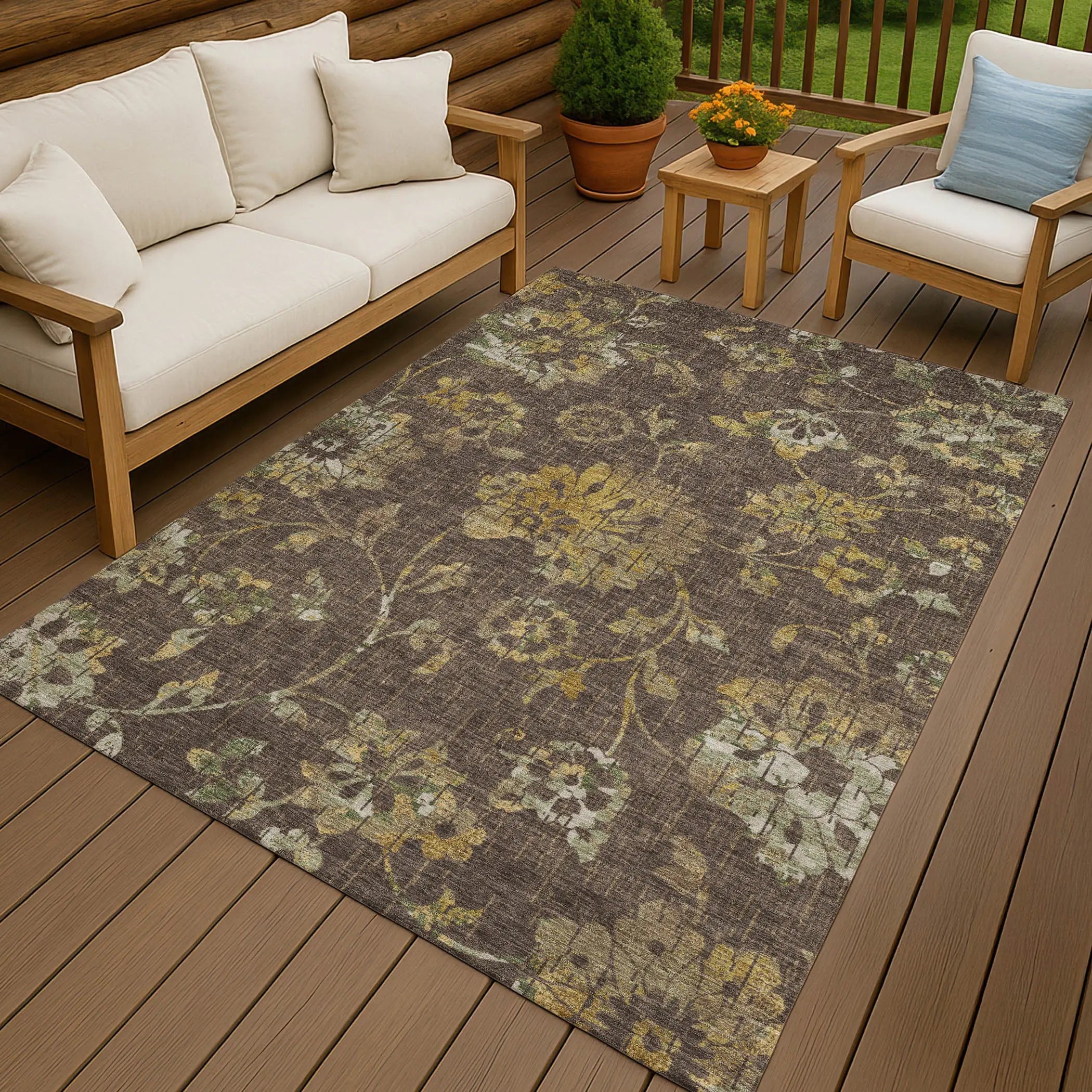 8' X 10' Chocolate And Brown Floral Washable Indoor Outdoor Area Rug Homeroots Outdoor