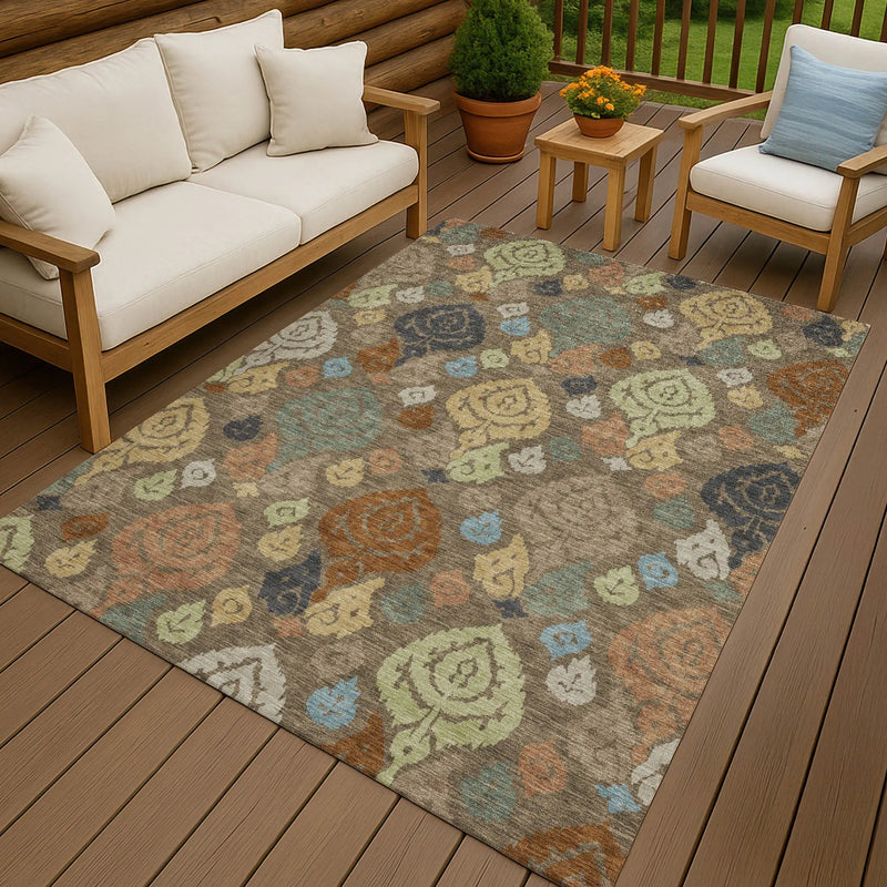 8' X 10' Chocolate And Charcoal Damask Washable Indoor Outdoor Area Rug Homeroots Outdoor