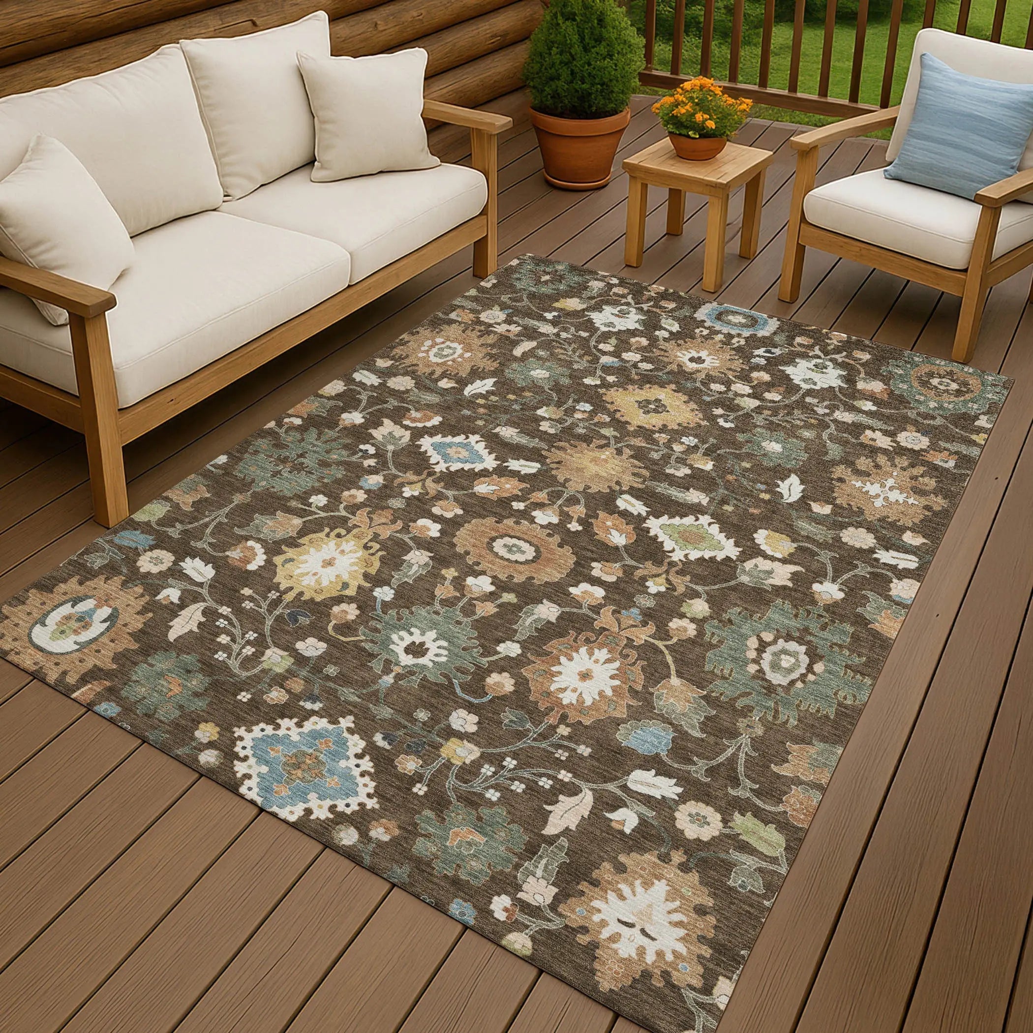8' X 10' Chocolate And Copper Floral Medallion Washable Indoor Outdoor Area Rug Homeroots Outdoor