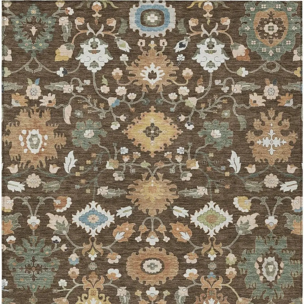 8' X 10' Chocolate And Copper Floral Medallion Washable Indoor Outdoor Area Rug Homeroots Outdoor