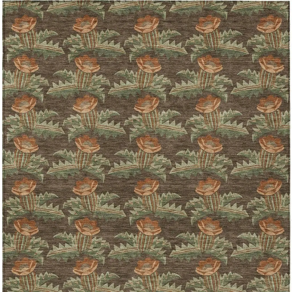 8' X 10' Chocolate And Graphite Floral Washable Indoor Outdoor Area Rug Homeroots Outdoor