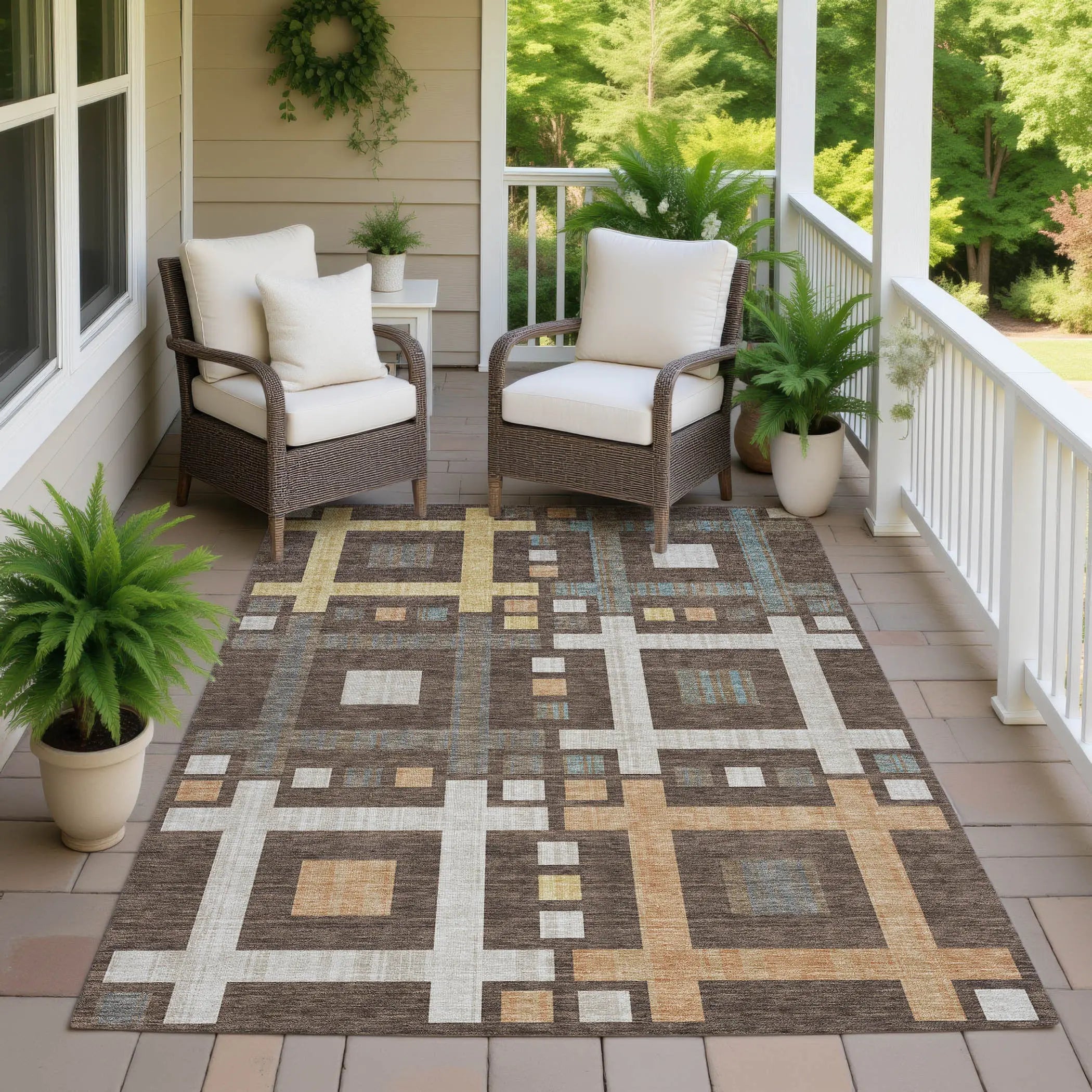8' X 10' Chocolate And Graphite Geometric Washable Indoor Outdoor Area Rug Homeroots Outdoor
