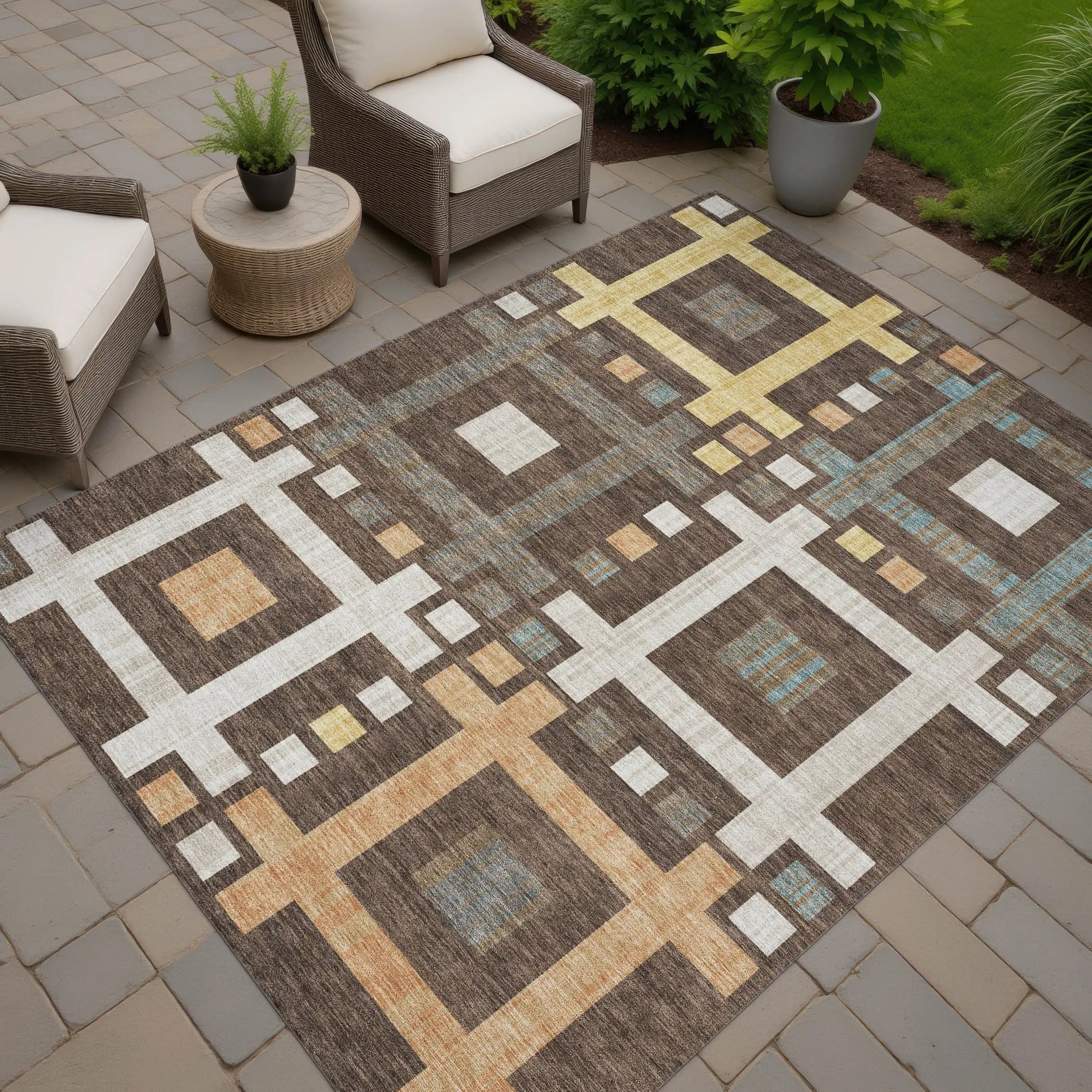 8' X 10' Chocolate And Graphite Geometric Washable Indoor Outdoor Area Rug Homeroots Outdoor