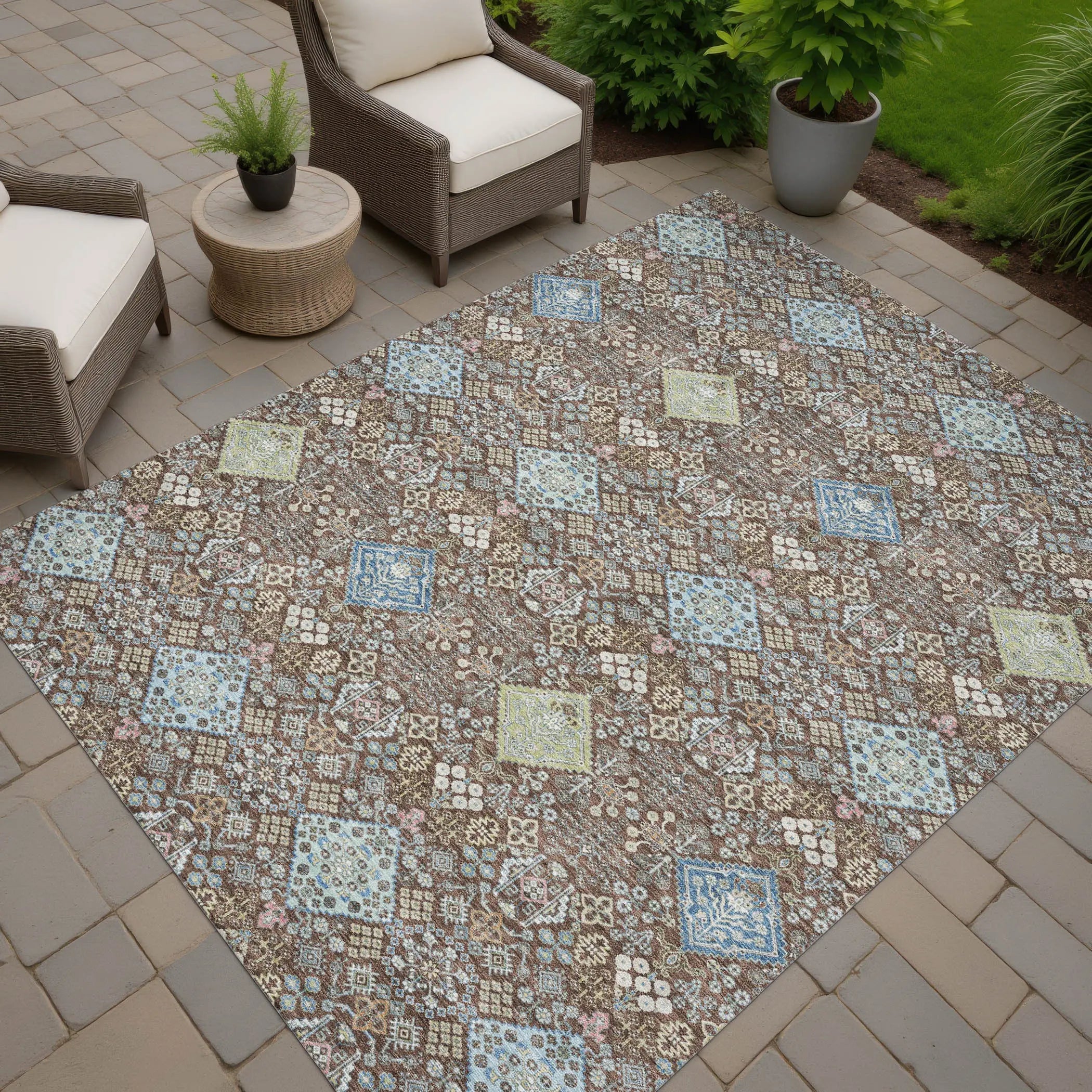 8' X 10' Chocolate And Green Oriental Washable Indoor Outdoor Area Rug Homeroots Outdoor