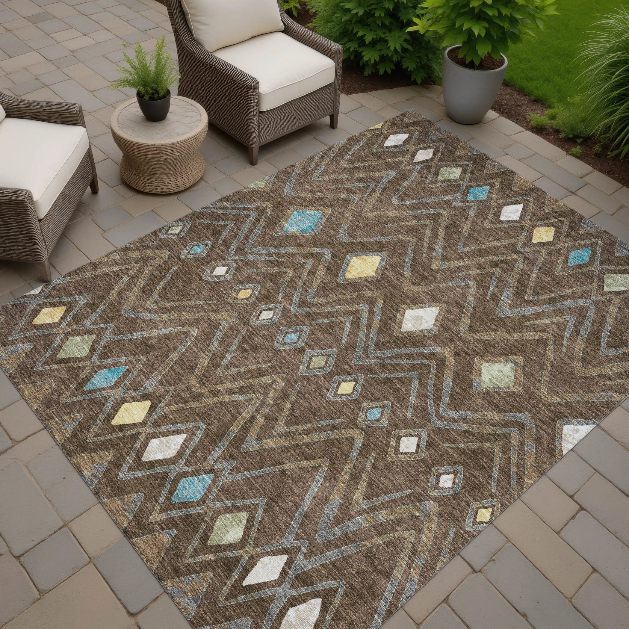 8' X 10' Chocolate And Orange Geometric Washable Indoor Outdoor Area Rug Homeroots Outdoor
