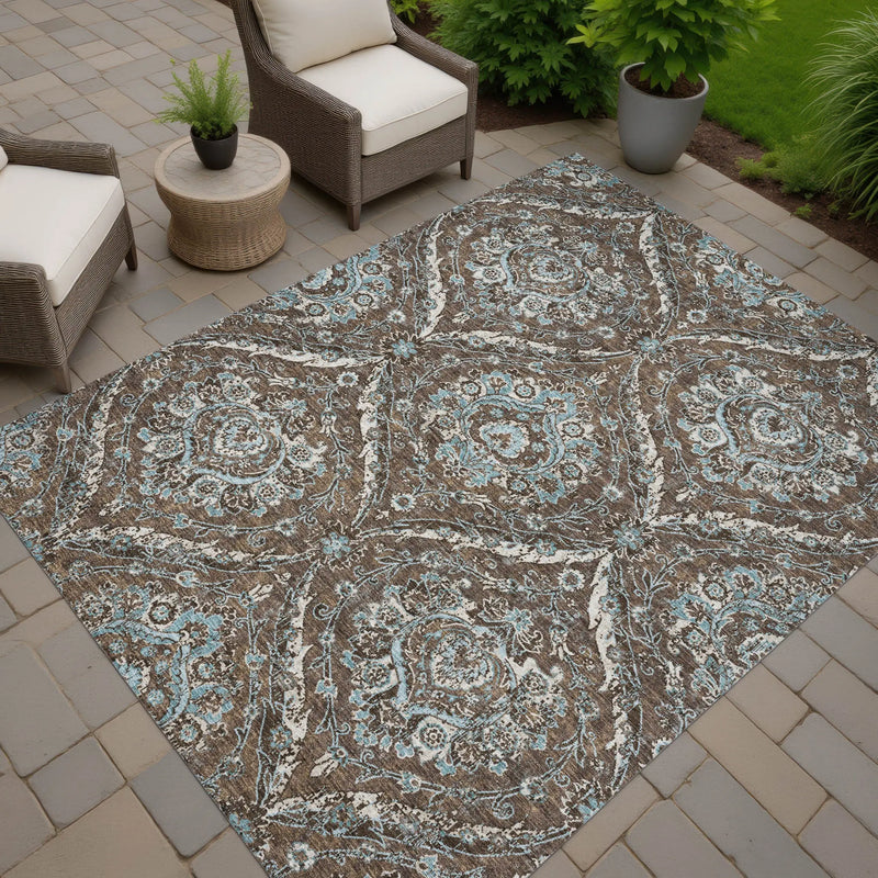 8' X 10' Chocolate And Silver Floral Washable Indoor Outdoor Area Rug Homeroots Outdoor