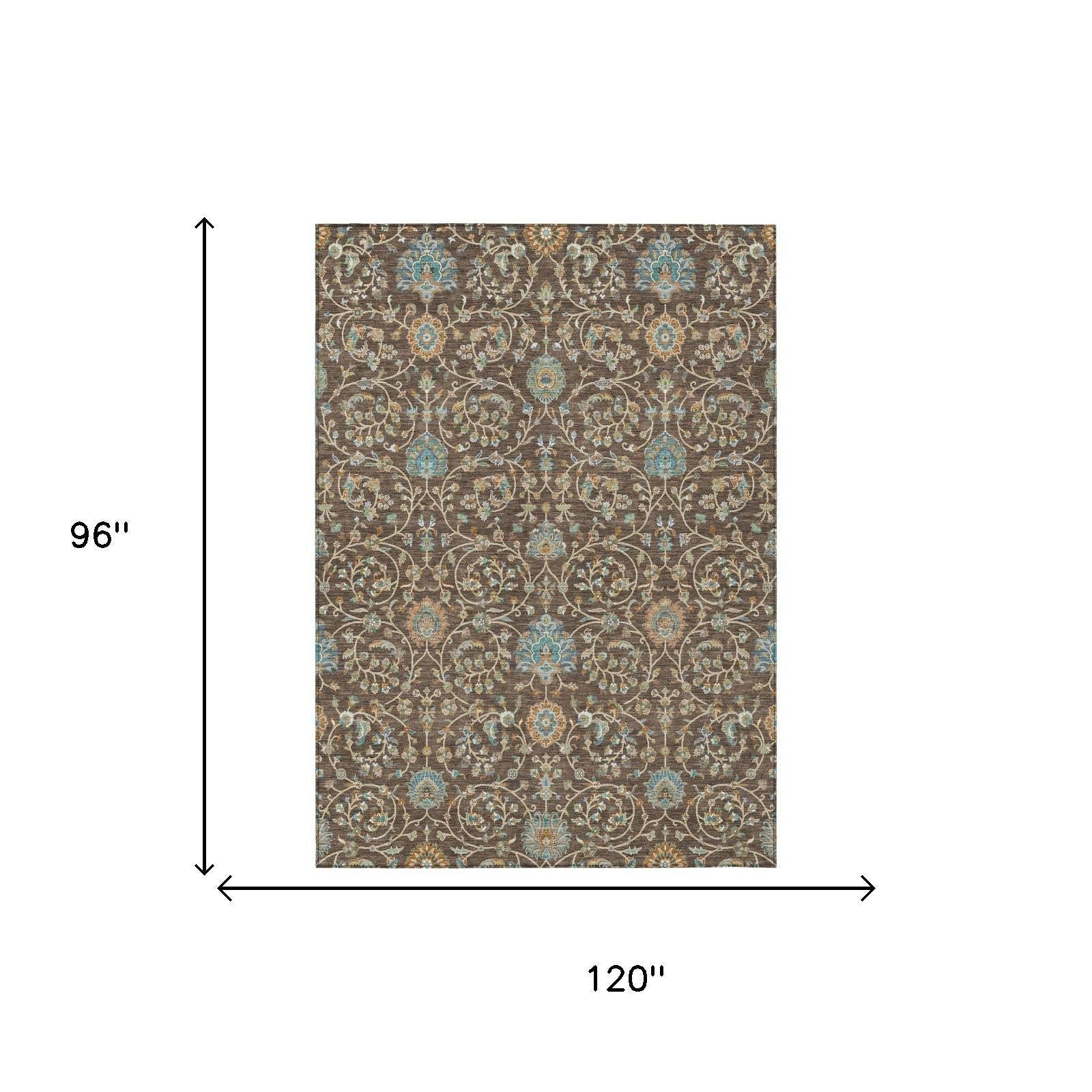 8' X 10' Coffee And Brown Floral Washable Indoor Outdoor Area Rug Homeroots Outdoor