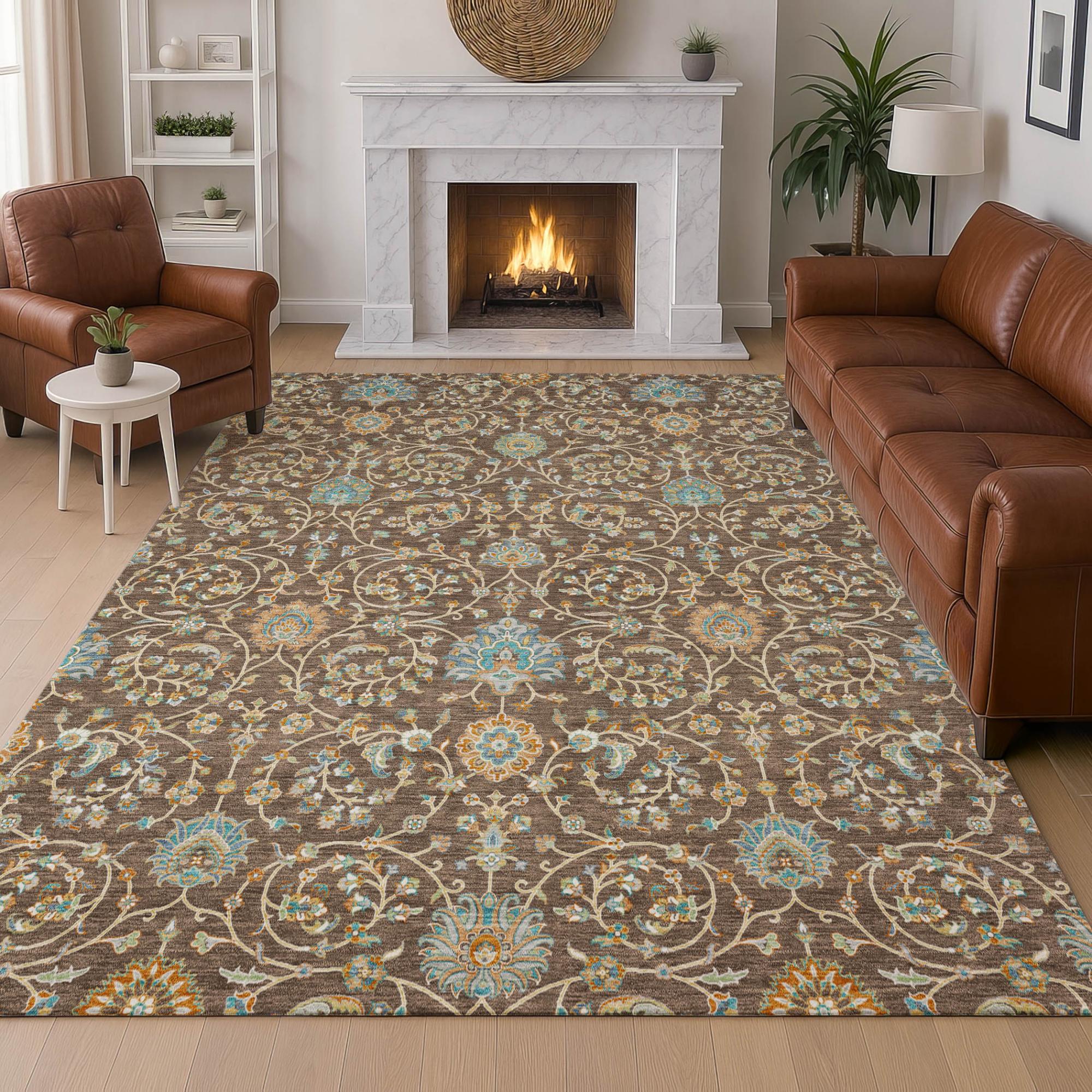 8' X 10' Coffee And Brown Floral Washable Indoor Outdoor Area Rug Homeroots Outdoor