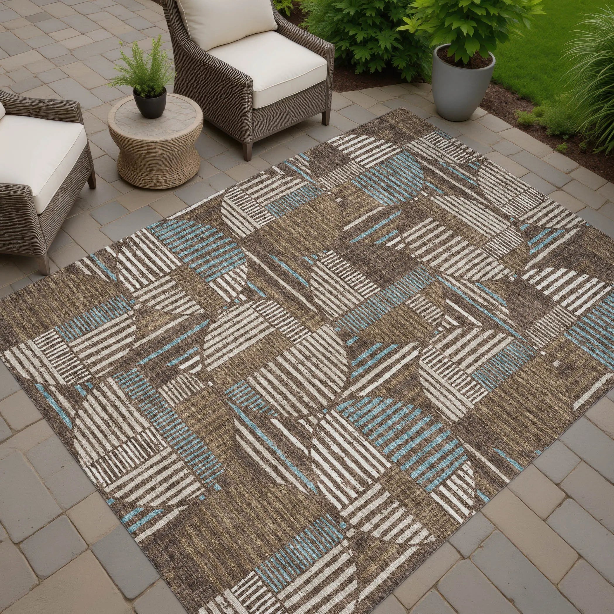 8' X 10' Coffee And Graphite Geometric Washable Indoor Outdoor Area Rug Homeroots Outdoor