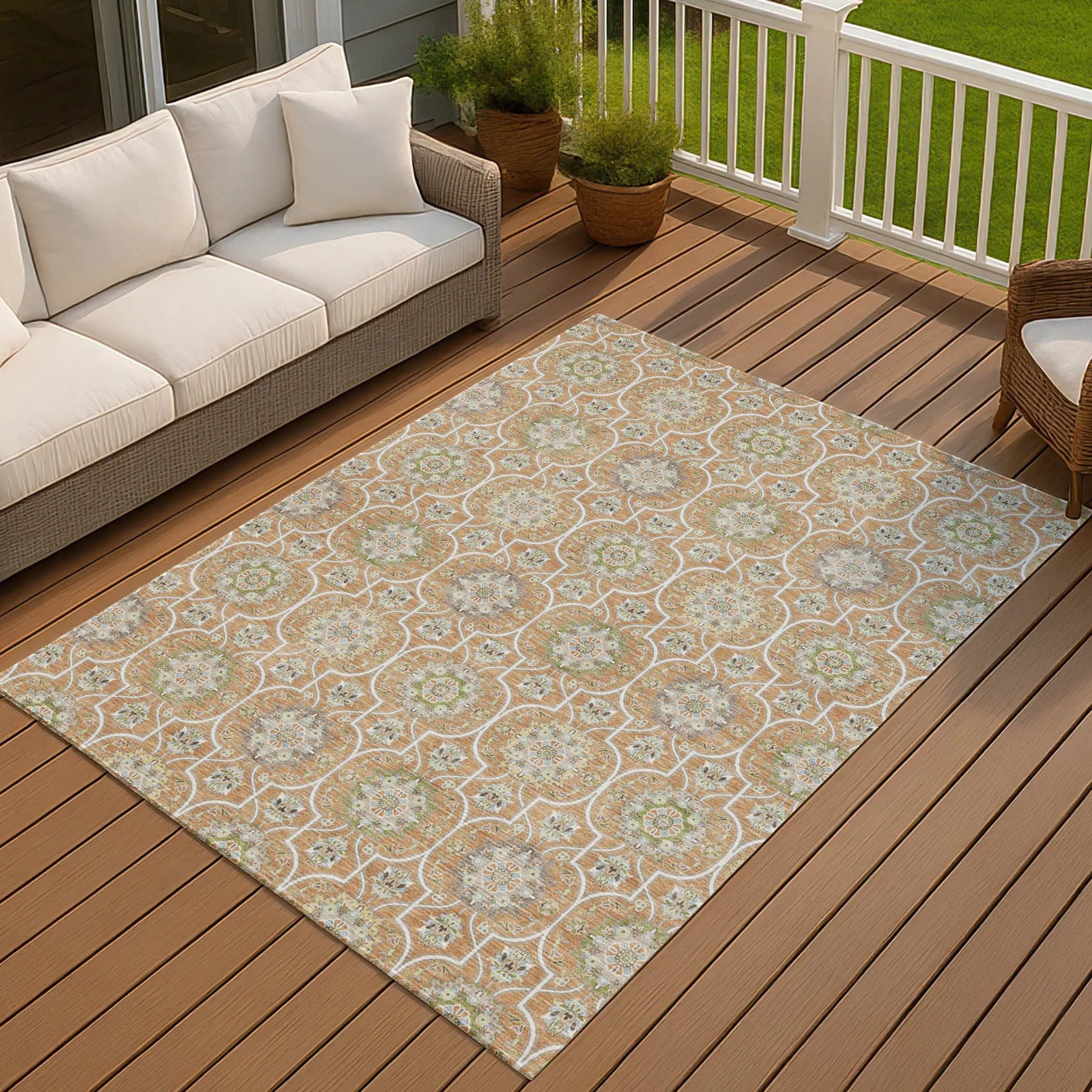 8' X 10' Copper And Beige Floral Medallion Washable Indoor Outdoor Area Rug Homeroots Outdoor
