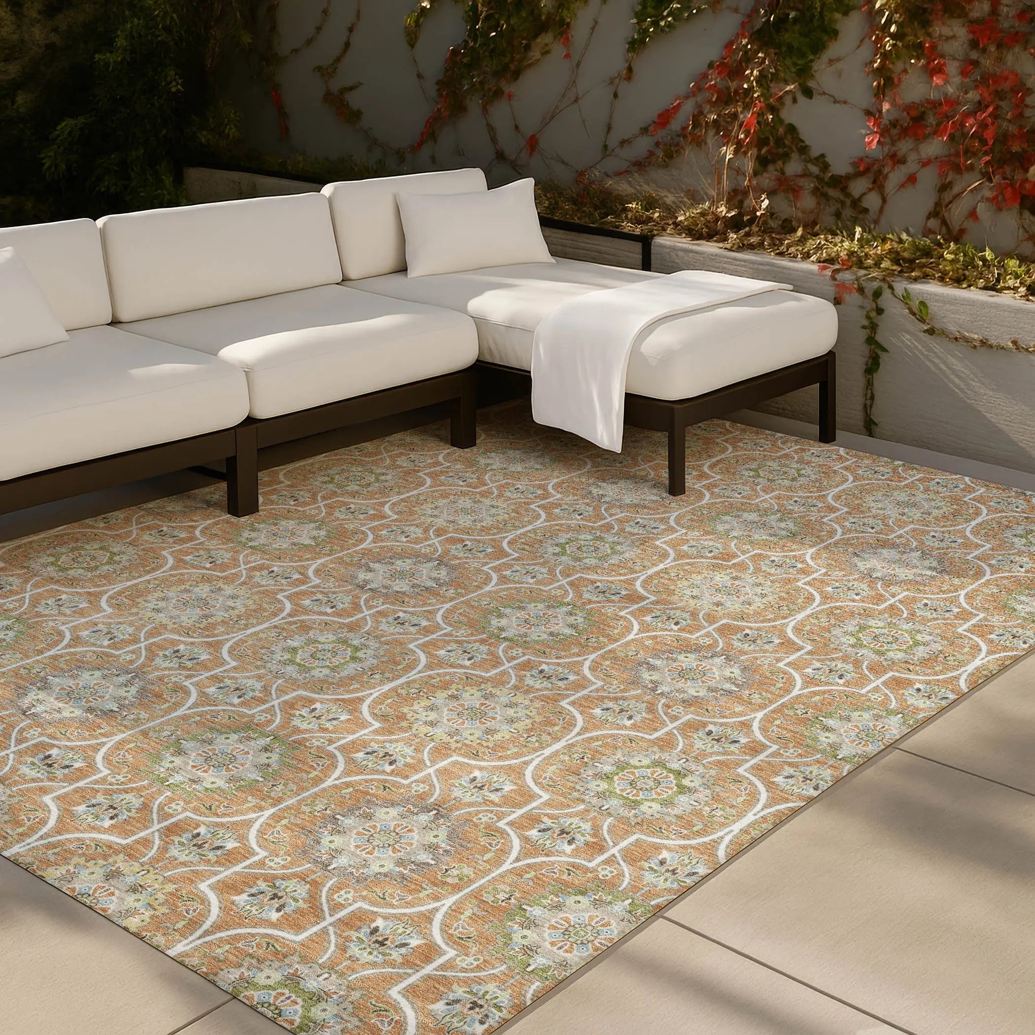 8' X 10' Copper And Beige Floral Medallion Washable Indoor Outdoor Area Rug Homeroots Outdoor