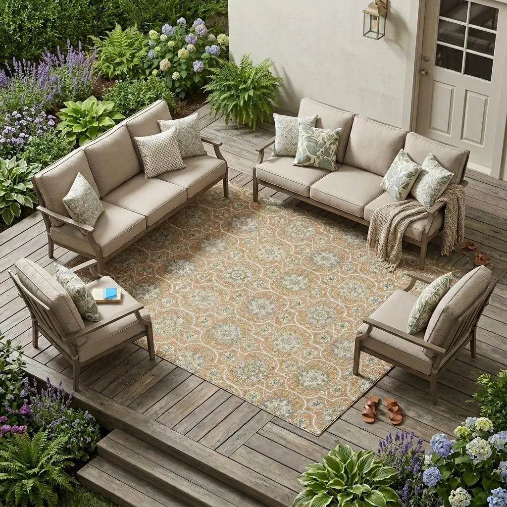 8' X 10' Copper And Beige Floral Medallion Washable Indoor Outdoor Area Rug Homeroots Outdoor