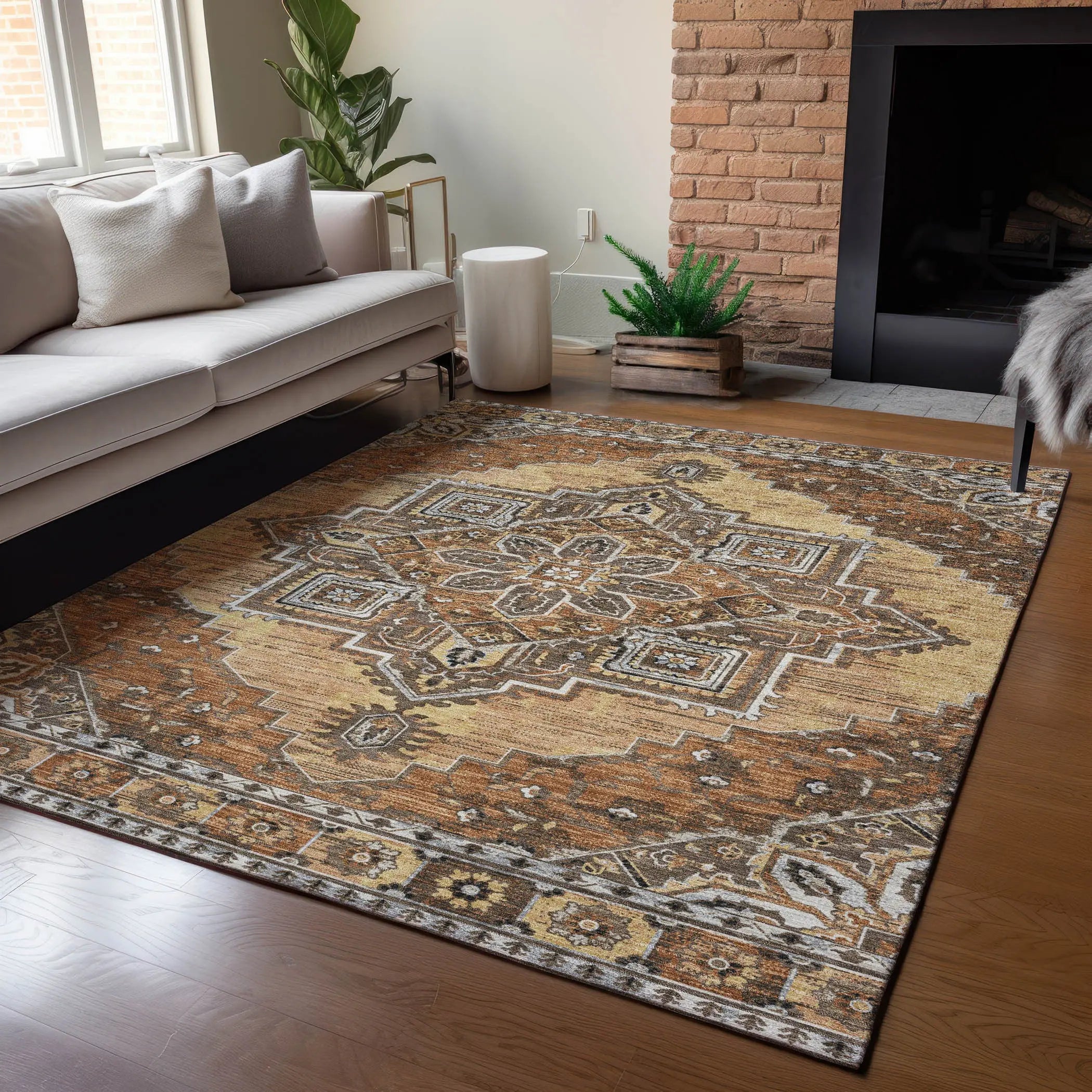 8' X 10' Copper And Beige Oriental Washable Indoor Outdoor Area Rug Homeroots Outdoor