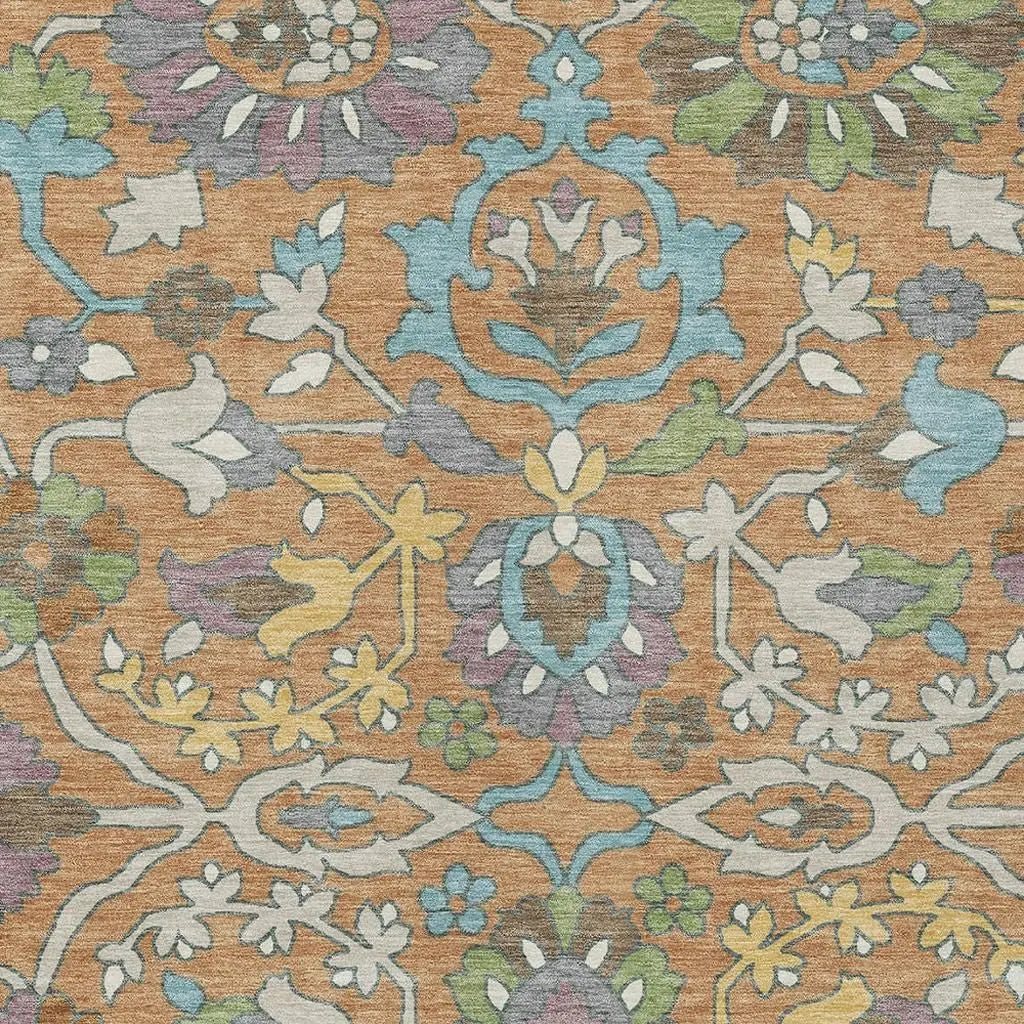 8' X 10' Copper And Blue Floral Washable Indoor Outdoor Area Rug Homeroots Outdoor