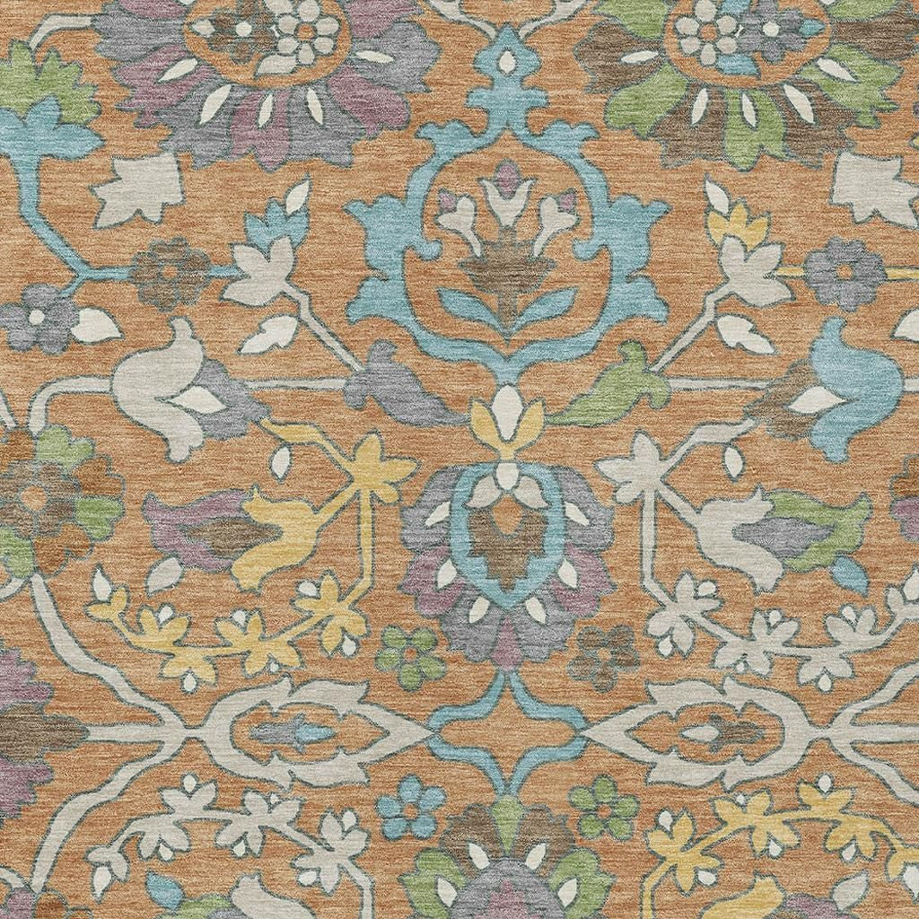 8' X 10' Copper And Blue Floral Washable Indoor Outdoor Area Rug Homeroots Outdoor