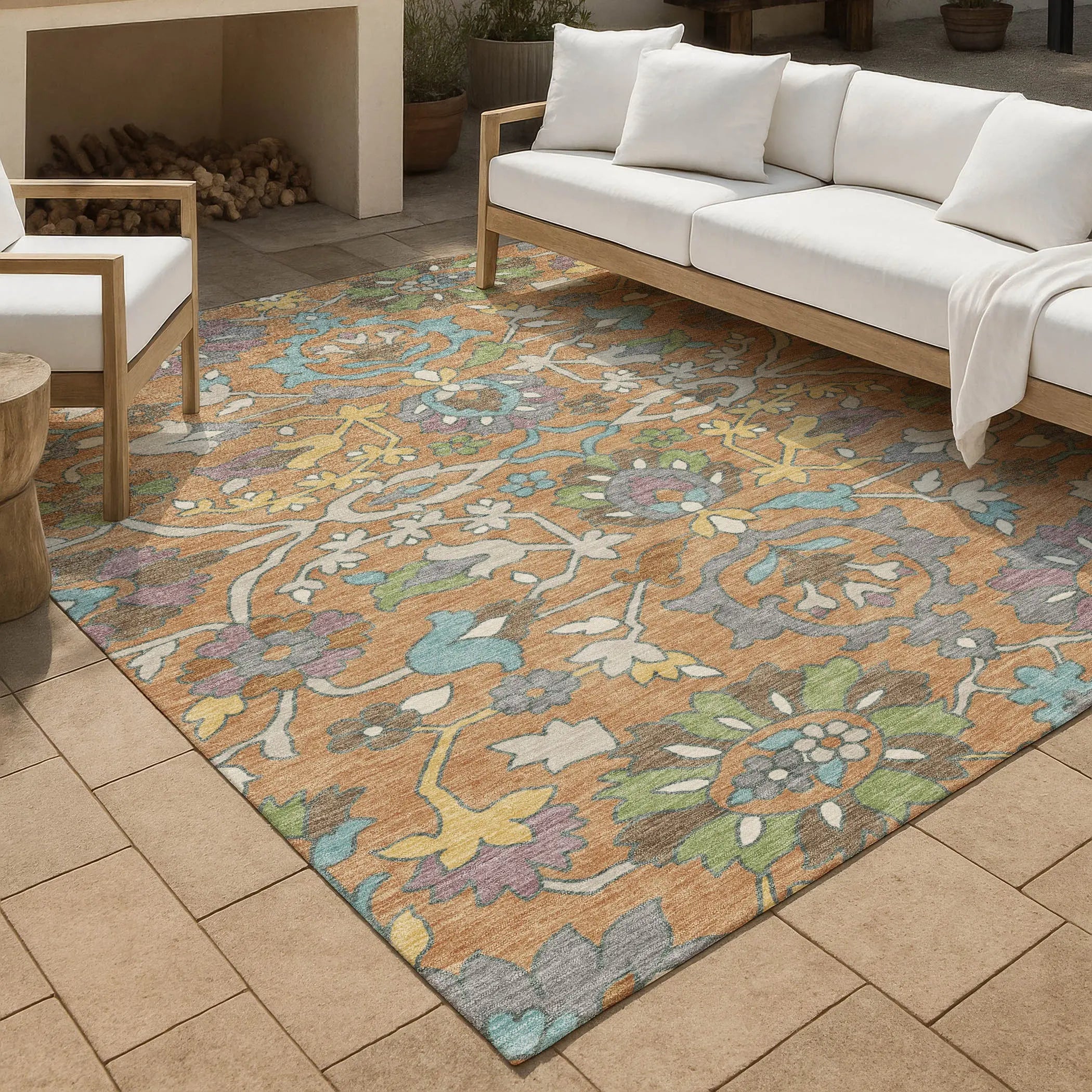 8' X 10' Copper And Blue Floral Washable Indoor Outdoor Area Rug Homeroots Outdoor