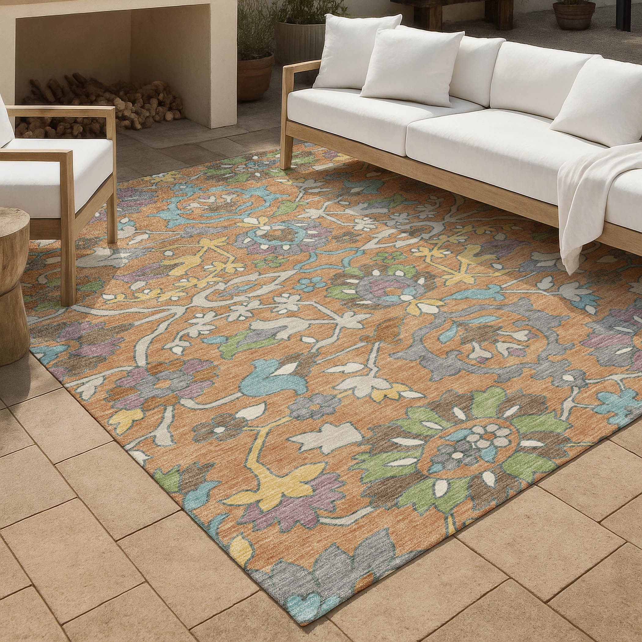 8' X 10' Copper And Blue Floral Washable Indoor Outdoor Area Rug Homeroots Outdoor