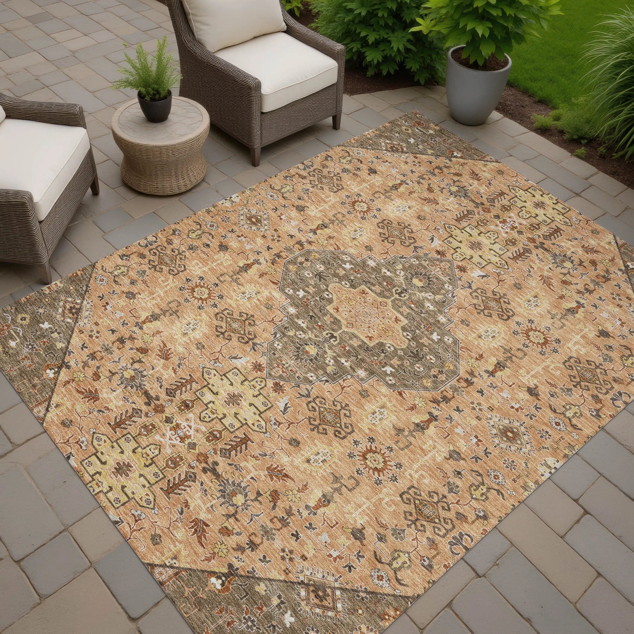 8' X 10' Copper And Blue Medallion Washable Indoor Outdoor Area Rug Homeroots Outdoor
