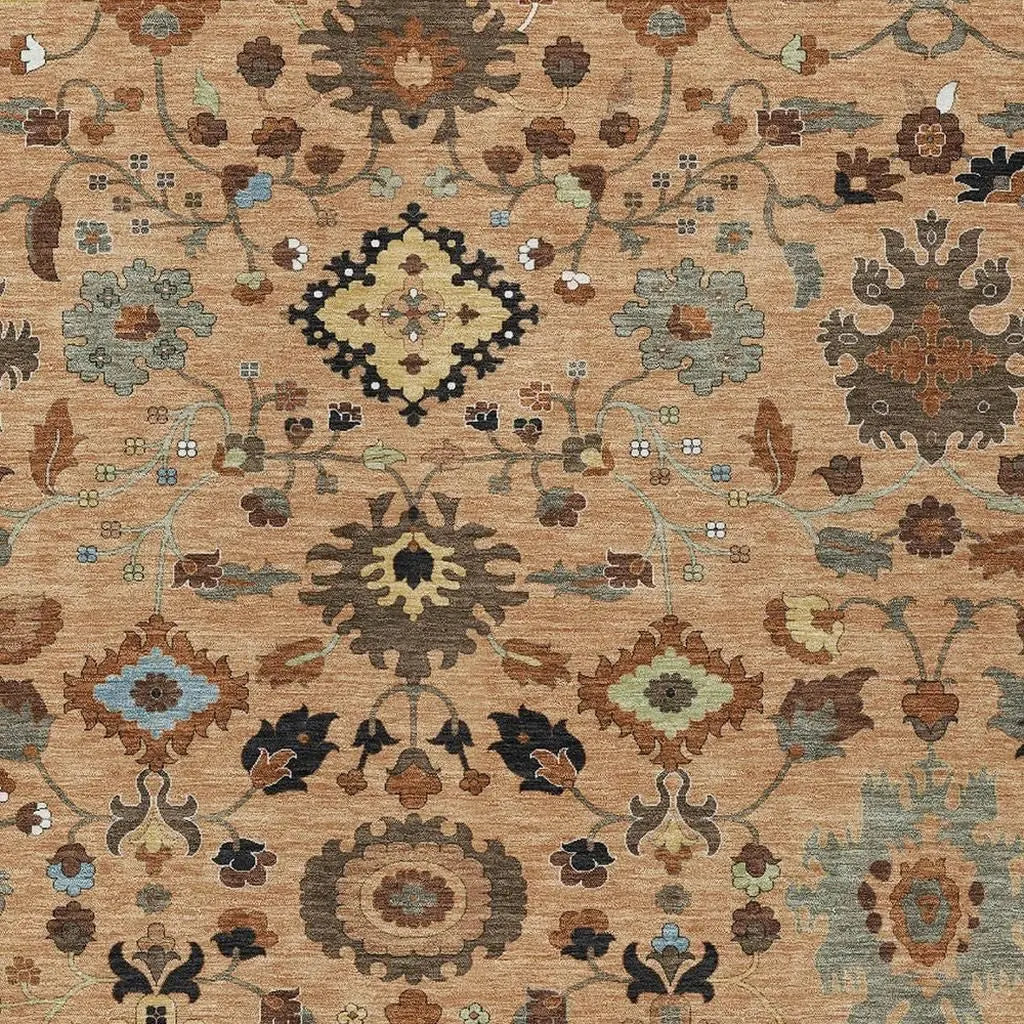 8' X 10' Copper And Brown Floral Medallion Washable Indoor Outdoor Area Rug Homeroots Outdoor