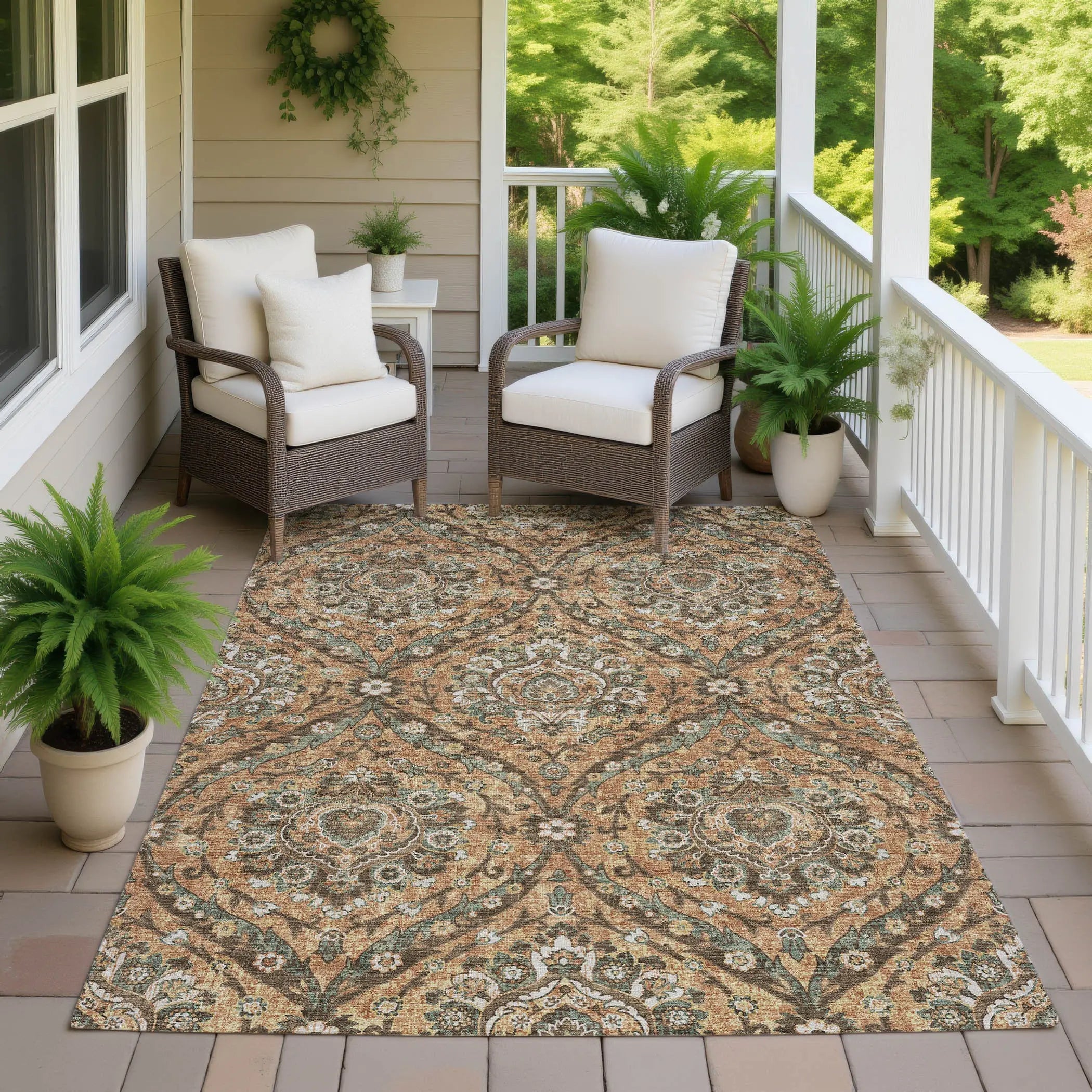 8' X 10' Copper And Gold Floral Washable Indoor Outdoor Area Rug Homeroots Outdoor
