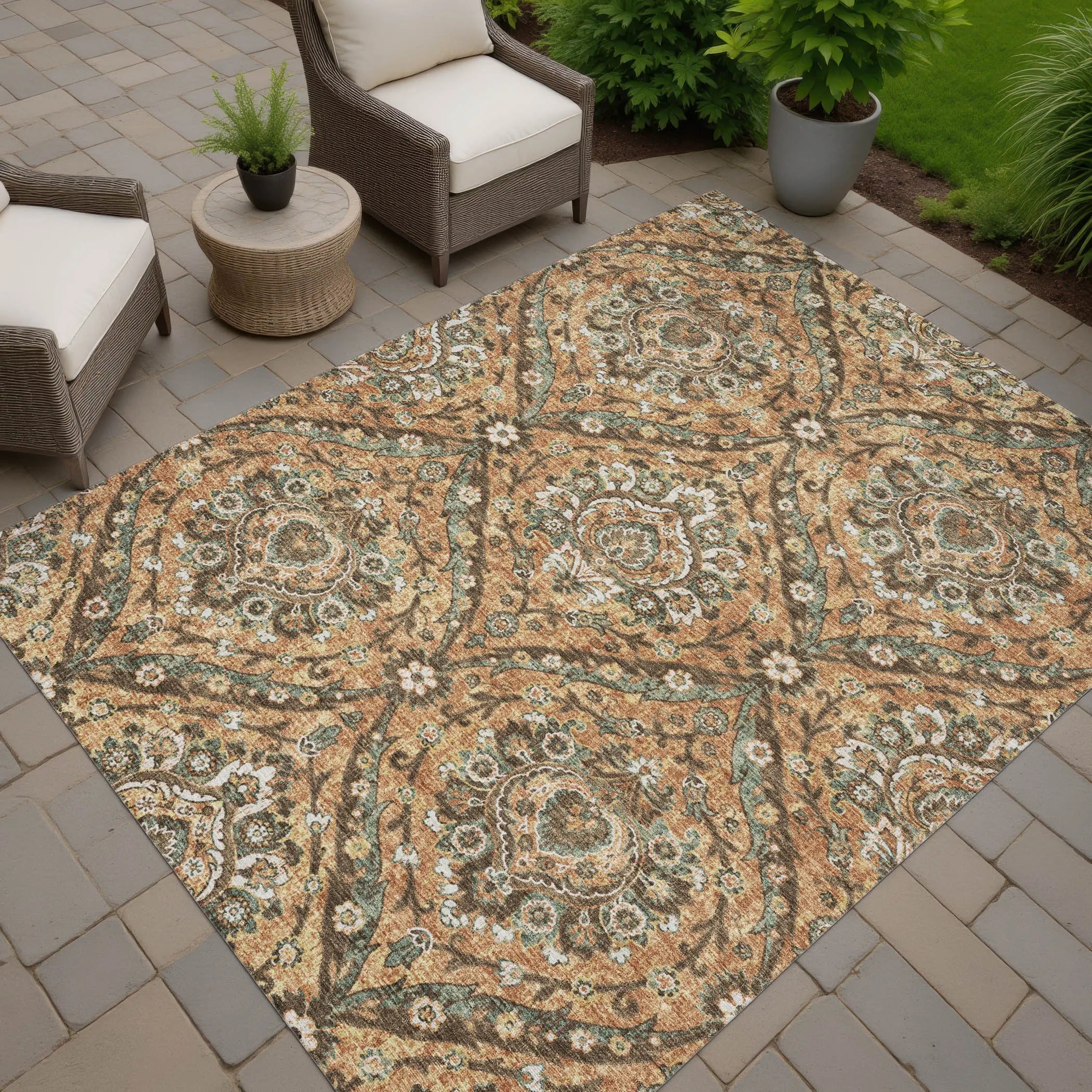 8' X 10' Copper And Gold Floral Washable Indoor Outdoor Area Rug Homeroots Outdoor