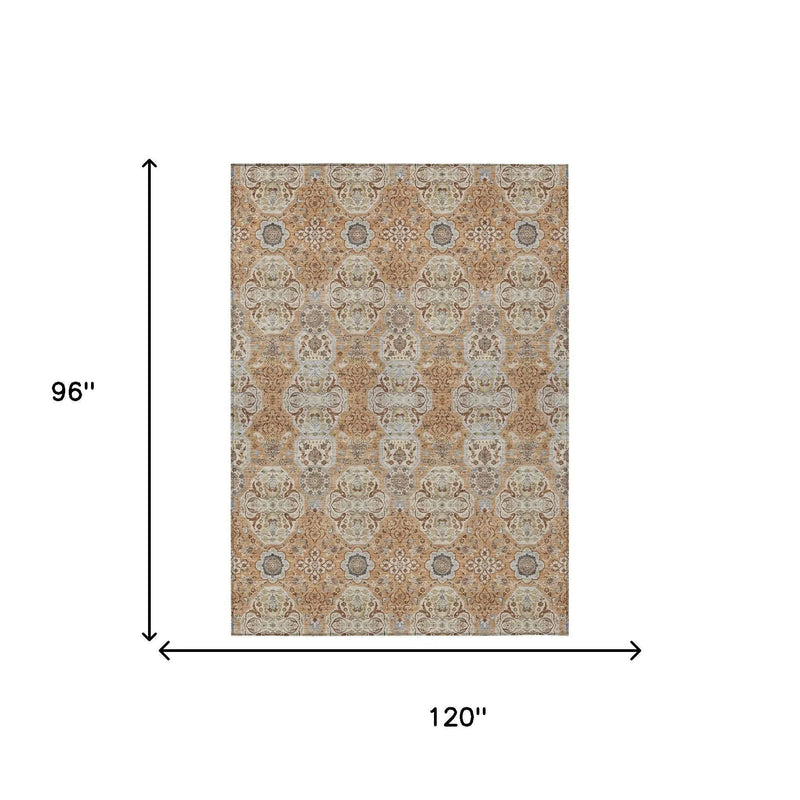 8' X 10' Copper And Gold Floral Washable Indoor Outdoor Area Rug Homeroots Outdoor