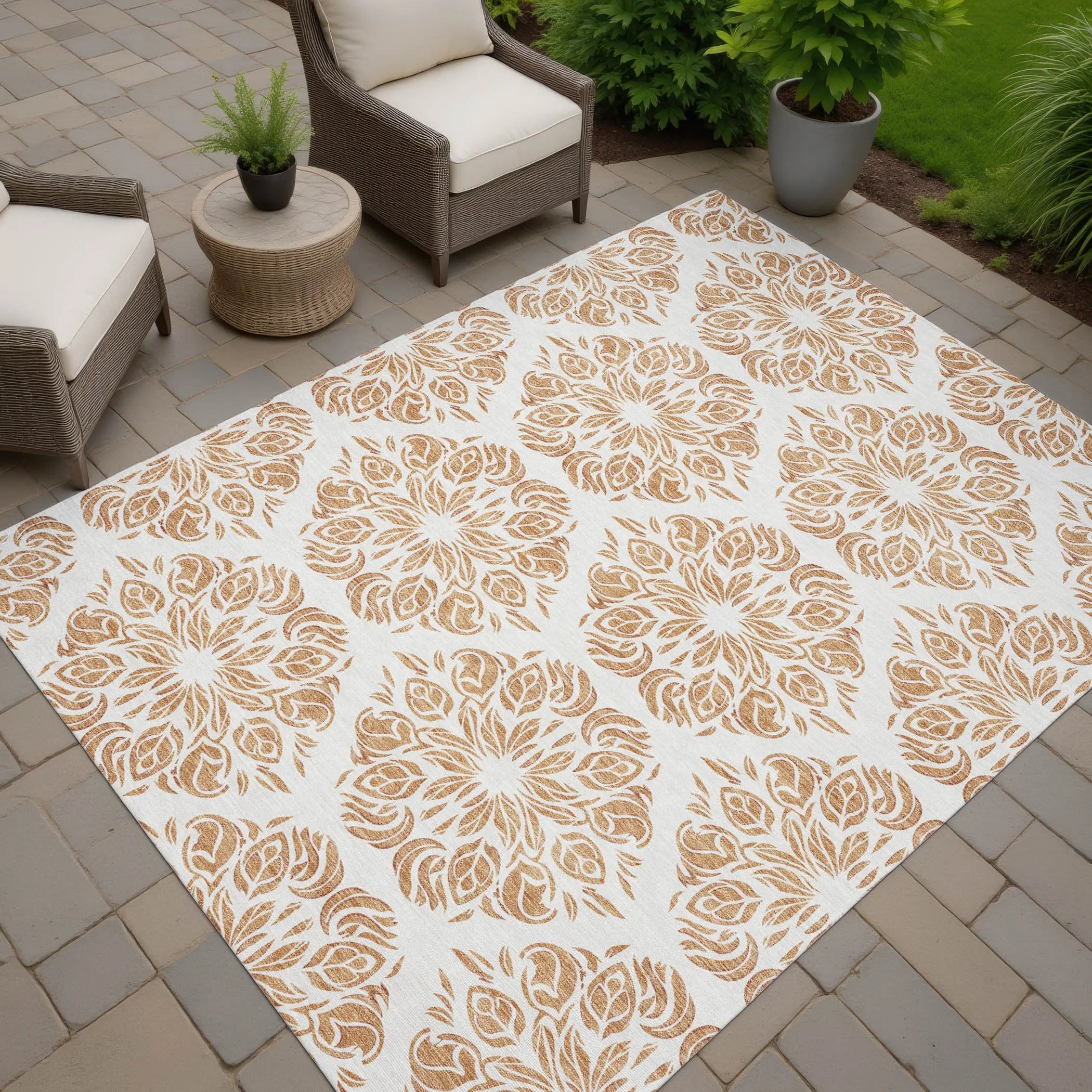 8' X 10' Copper And Ivory Damask Washable Indoor Outdoor Area Rug Homeroots Outdoor