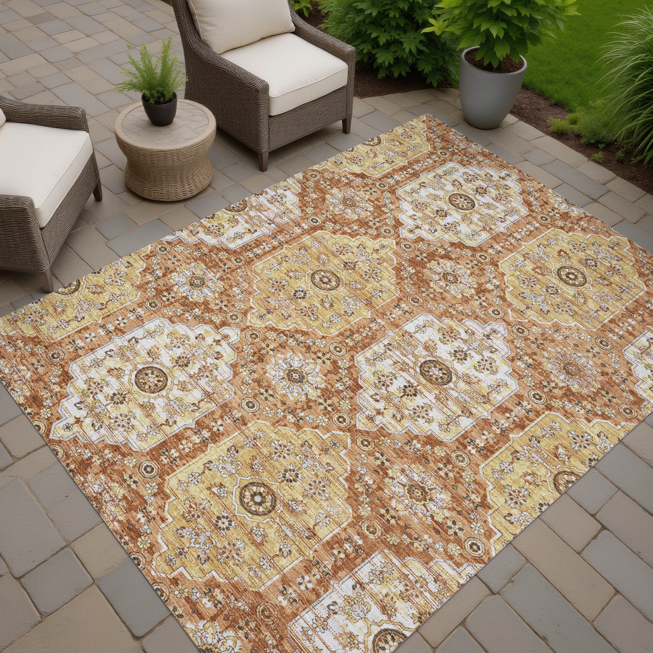 8' X 10' Copper And Orange Damask Washable Indoor Outdoor Area Rug Homeroots Outdoor