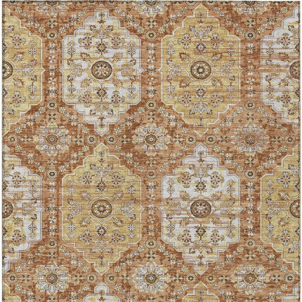 8' X 10' Copper And Orange Damask Washable Indoor Outdoor Area Rug Homeroots Outdoor