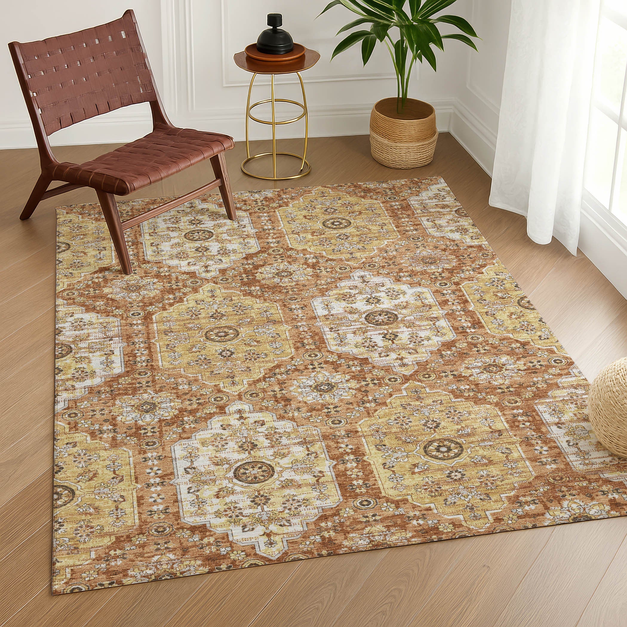 8' X 10' Copper And Orange Damask Washable Indoor Outdoor Area Rug Homeroots Outdoor