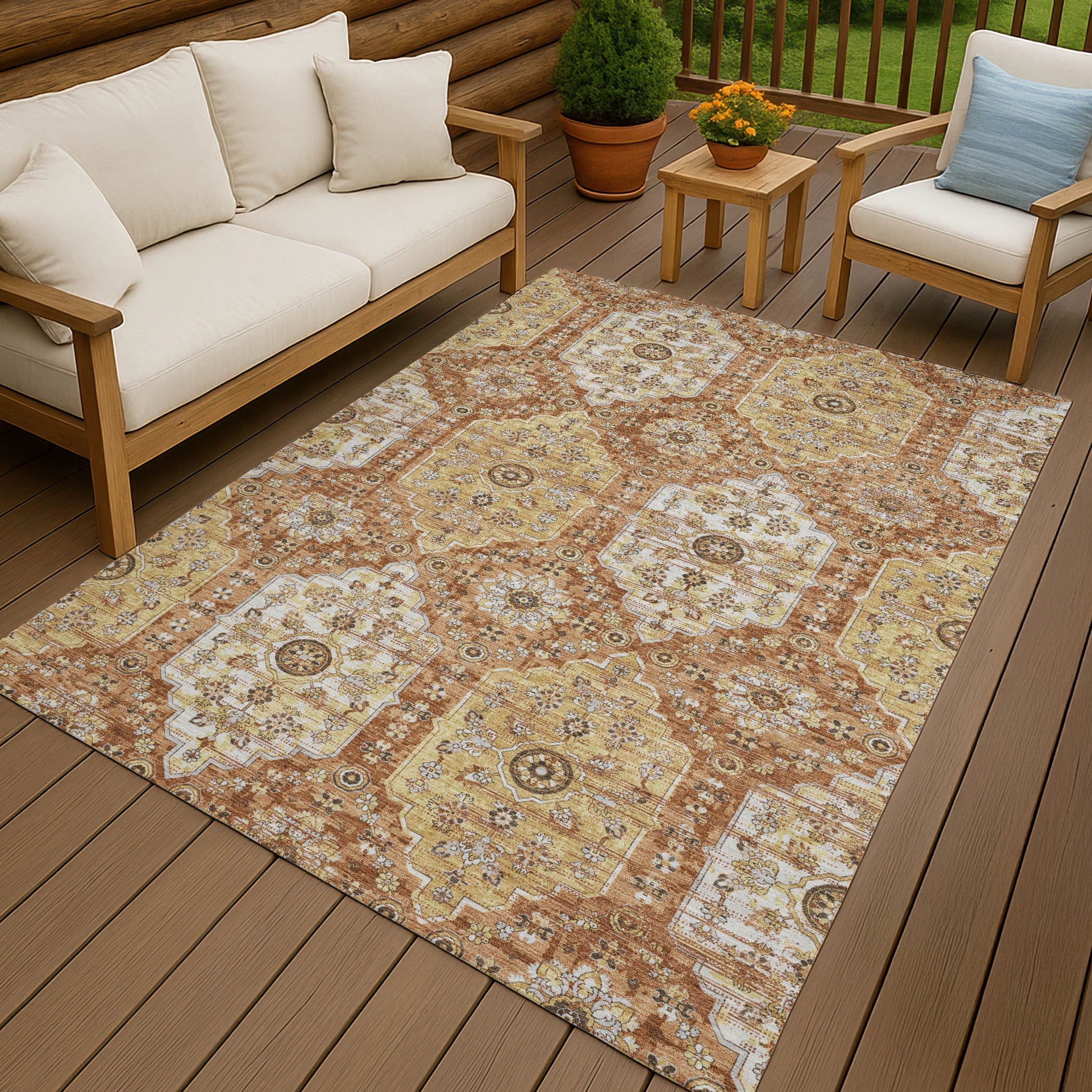 8' X 10' Copper And Orange Damask Washable Indoor Outdoor Area Rug Homeroots Outdoor