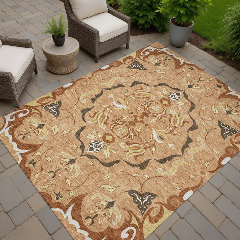 8' X 10' Copper And Orange Damask Washable Indoor Outdoor Area Rug Homeroots Outdoor