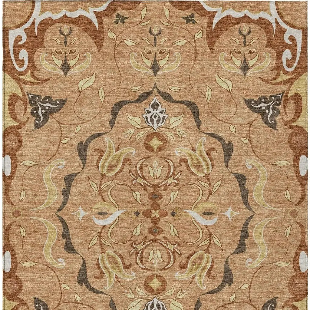 8' X 10' Copper And Orange Damask Washable Indoor Outdoor Area Rug Homeroots Outdoor